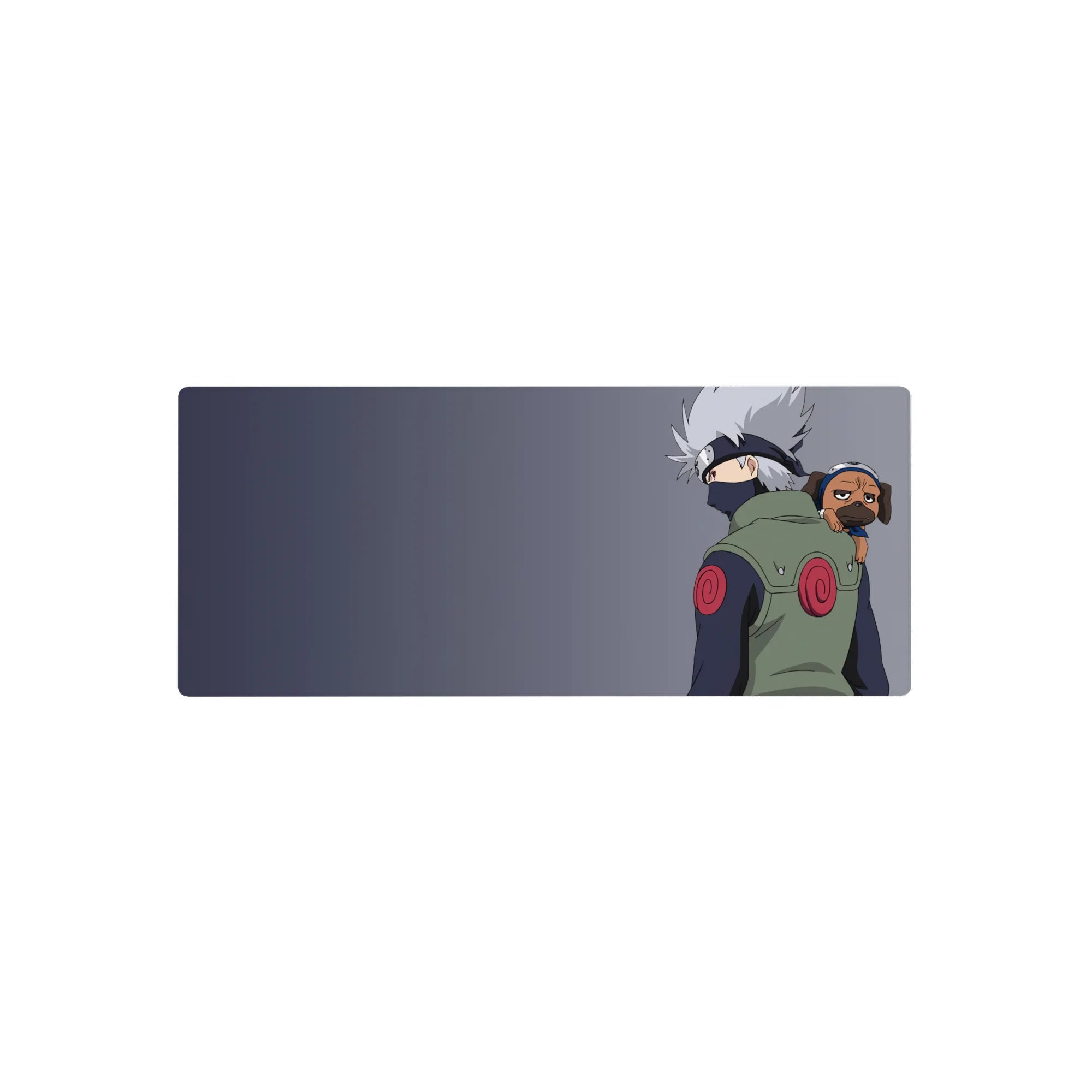 28x12 inches anime mouse pad with Kakashi Hatake and Pakkun on a clean cool gray background.