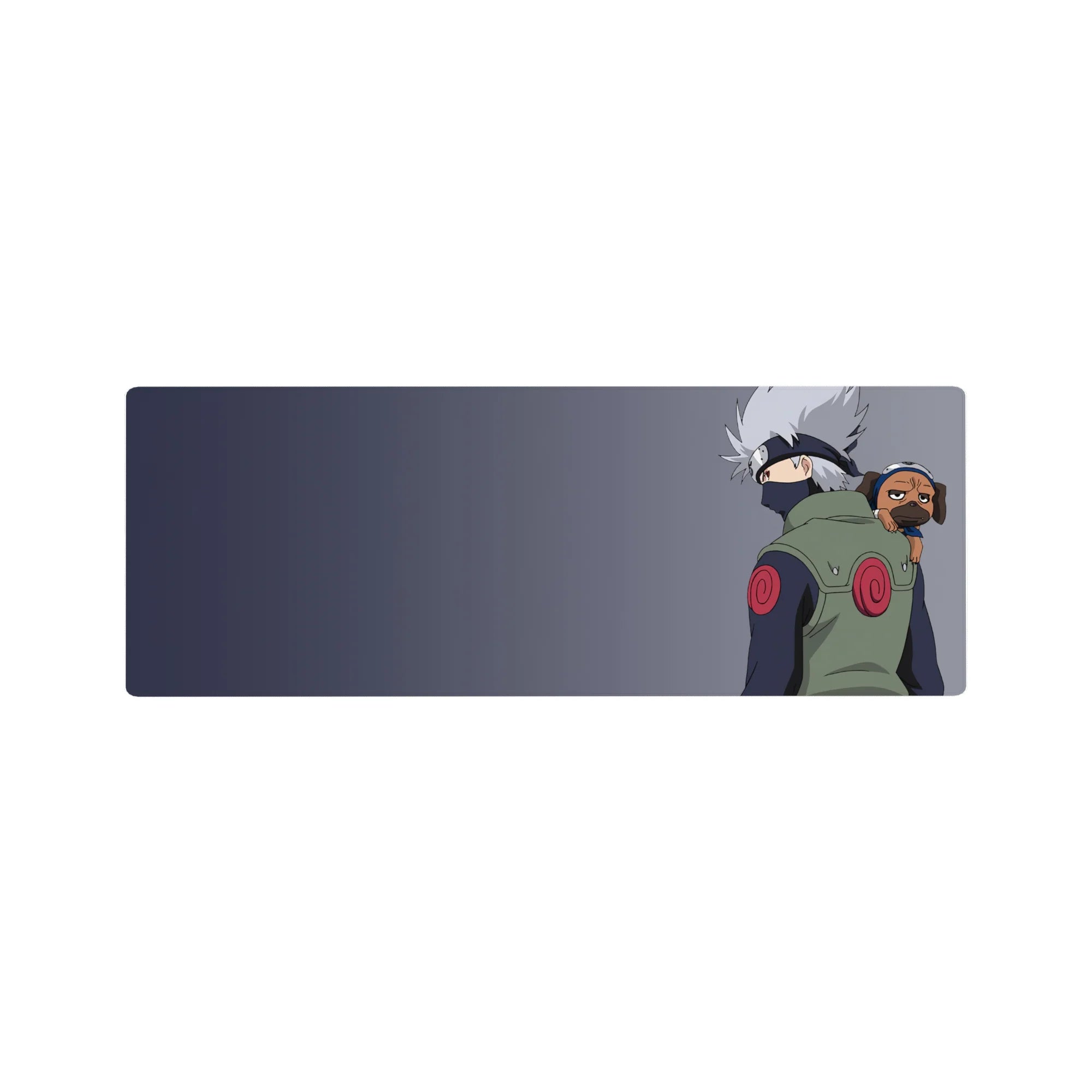 32x12 inches anime mouse pad with Kakashi and Pakkun on a cool gray background, clean desk aesthetic.