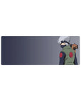 32x12 inches anime mouse pad with Kakashi and Pakkun on a cool gray background, clean desk aesthetic.