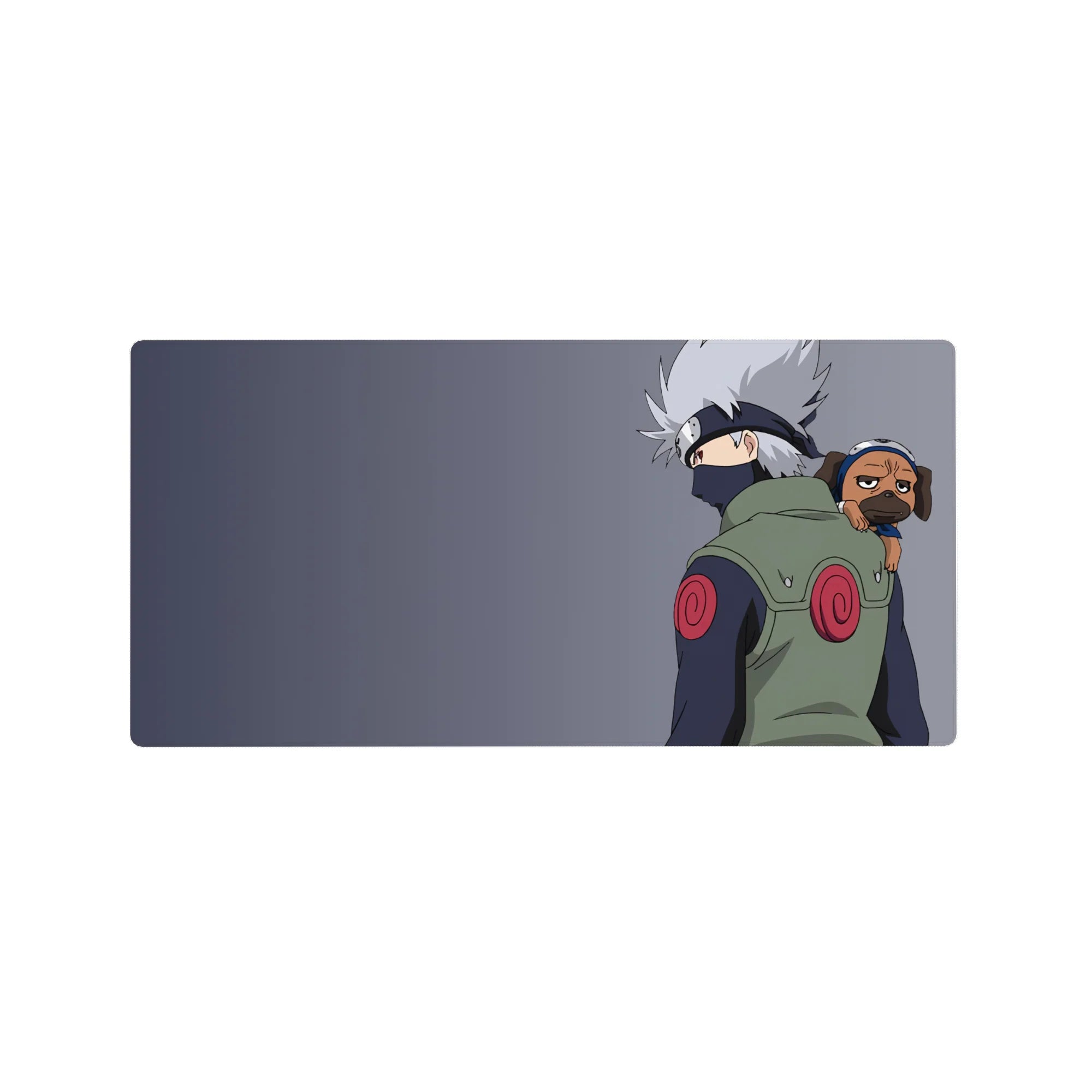32x16 inches anime mouse pad with Kakashi Hatake and Pakkun on a cool gray background, clean desk style.