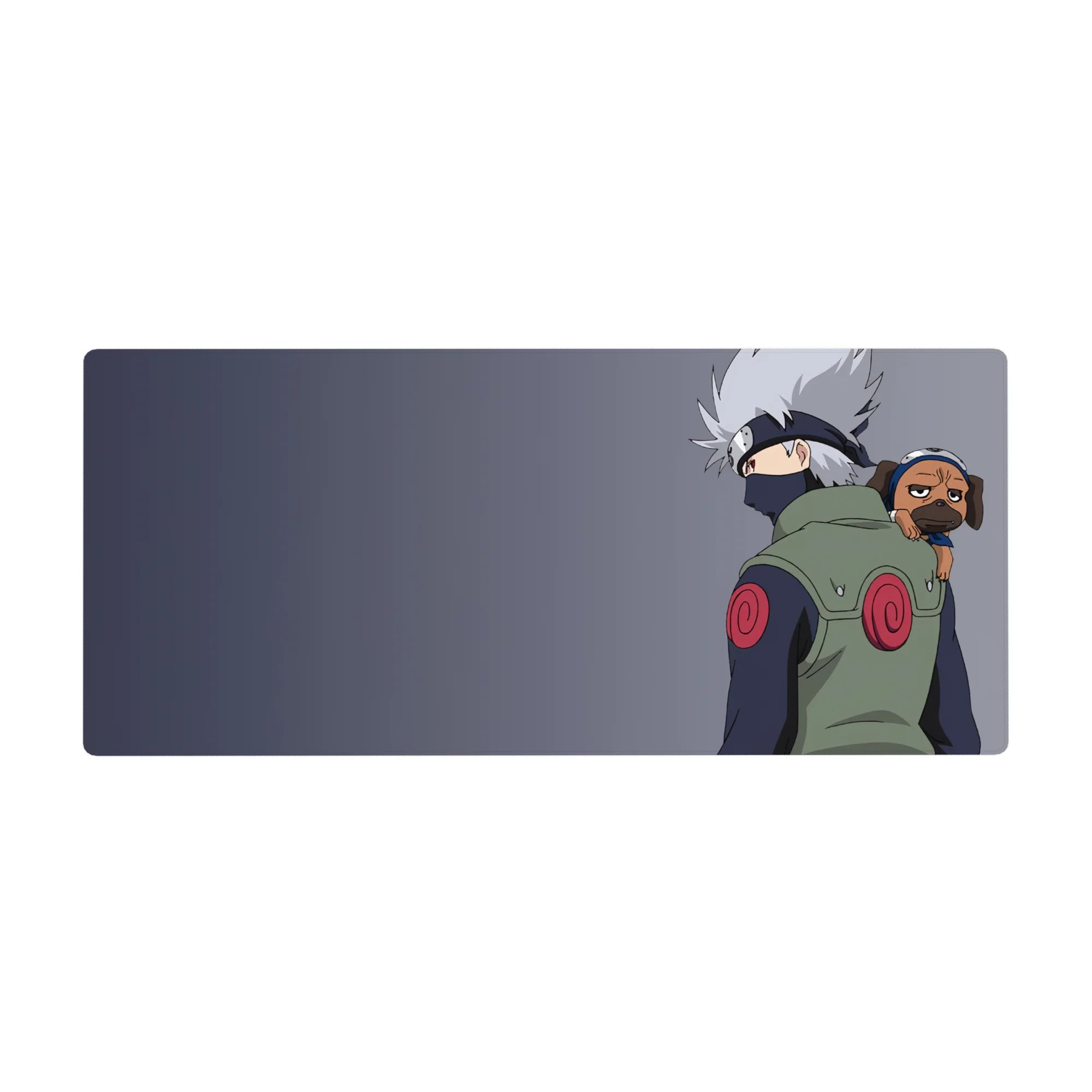 36x16 inches anime desk pad with Kakashi and Pakkun on a cool gray background, subtle Naruto decor.