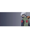 36x16 inches anime desk pad with Kakashi and Pakkun on a cool gray background, subtle Naruto decor.