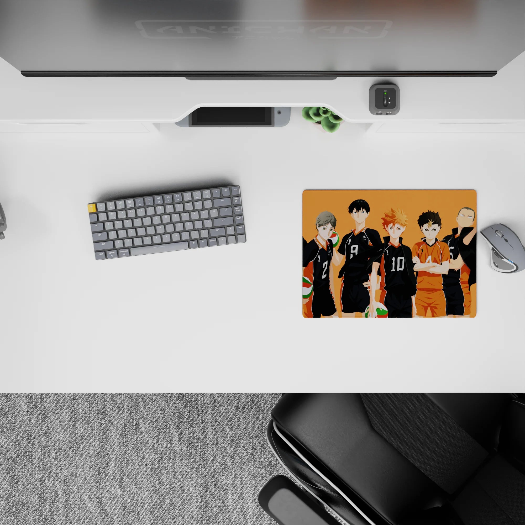 Sunset orange gym vibe anime mouse pad 14x10 inches, black jerseys, white numbers, bright libero spark.