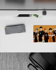 Sunset orange gym vibe anime mouse pad 14x10 inches, black jerseys, white numbers, bright libero spark.