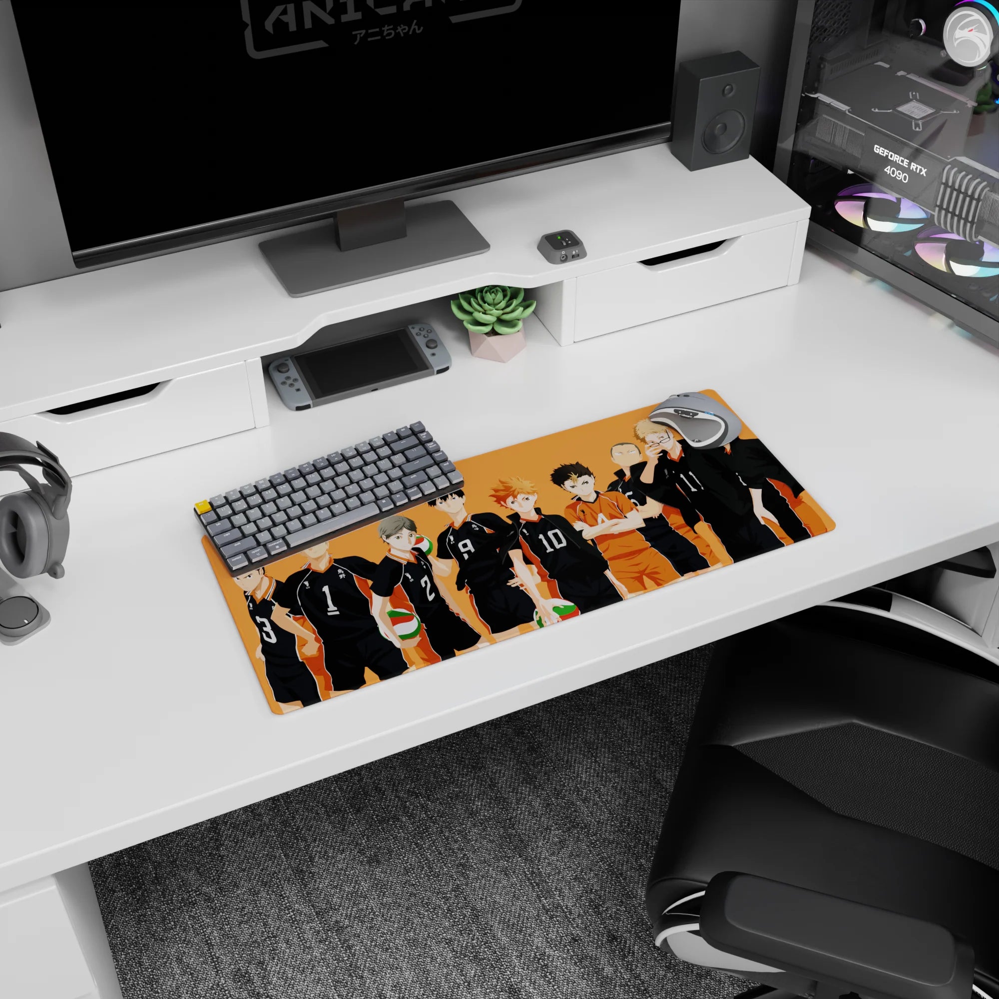 Haikyuu Karasuno lineup anime mouse pad 28x12 inches with spiky-haired players and green-red balls.
