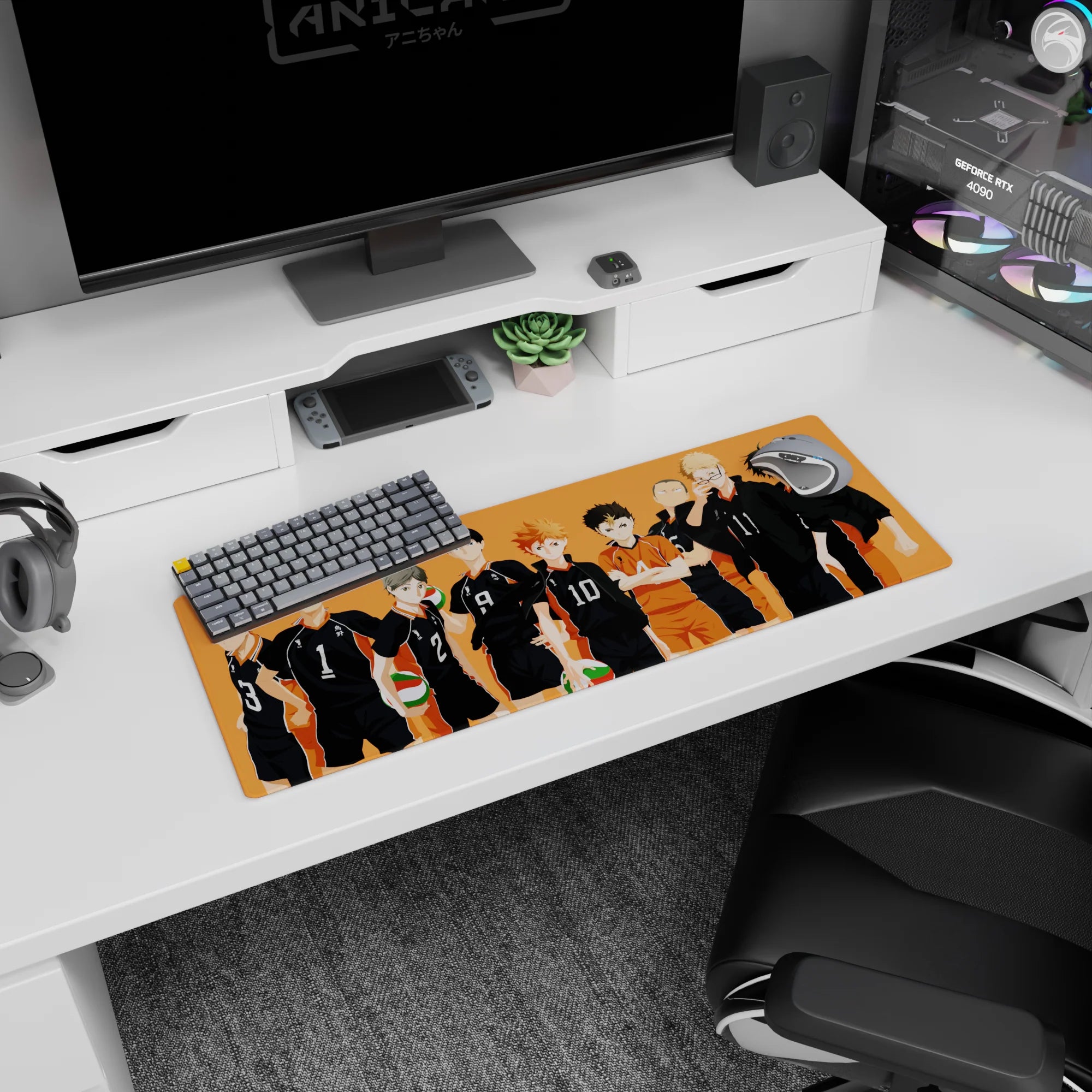 Haikyuu Karasuno lineup anime mouse pad, 32x12 inches, libero in orange kit standing out front.