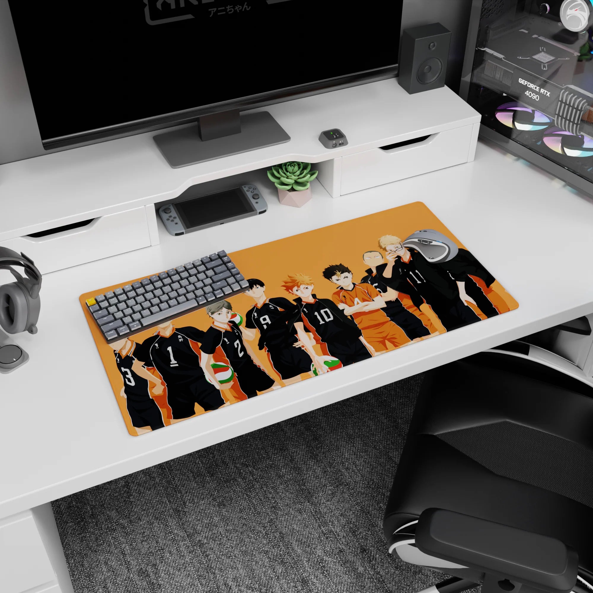 Haikyuu Karasuno team lineup with crossed arms and green-red volleyballs anime mouse pad, 32x16 inches.