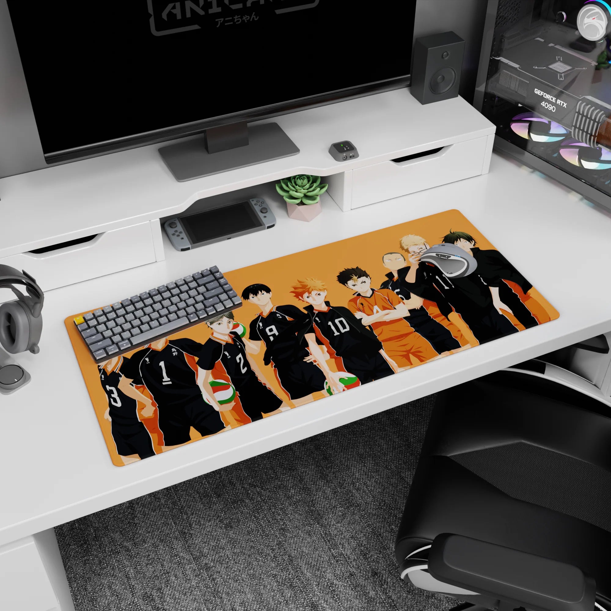 Confident spiky-haired volleyball team with crossed arms on anime desk pad 36x16 inches, minimalist.