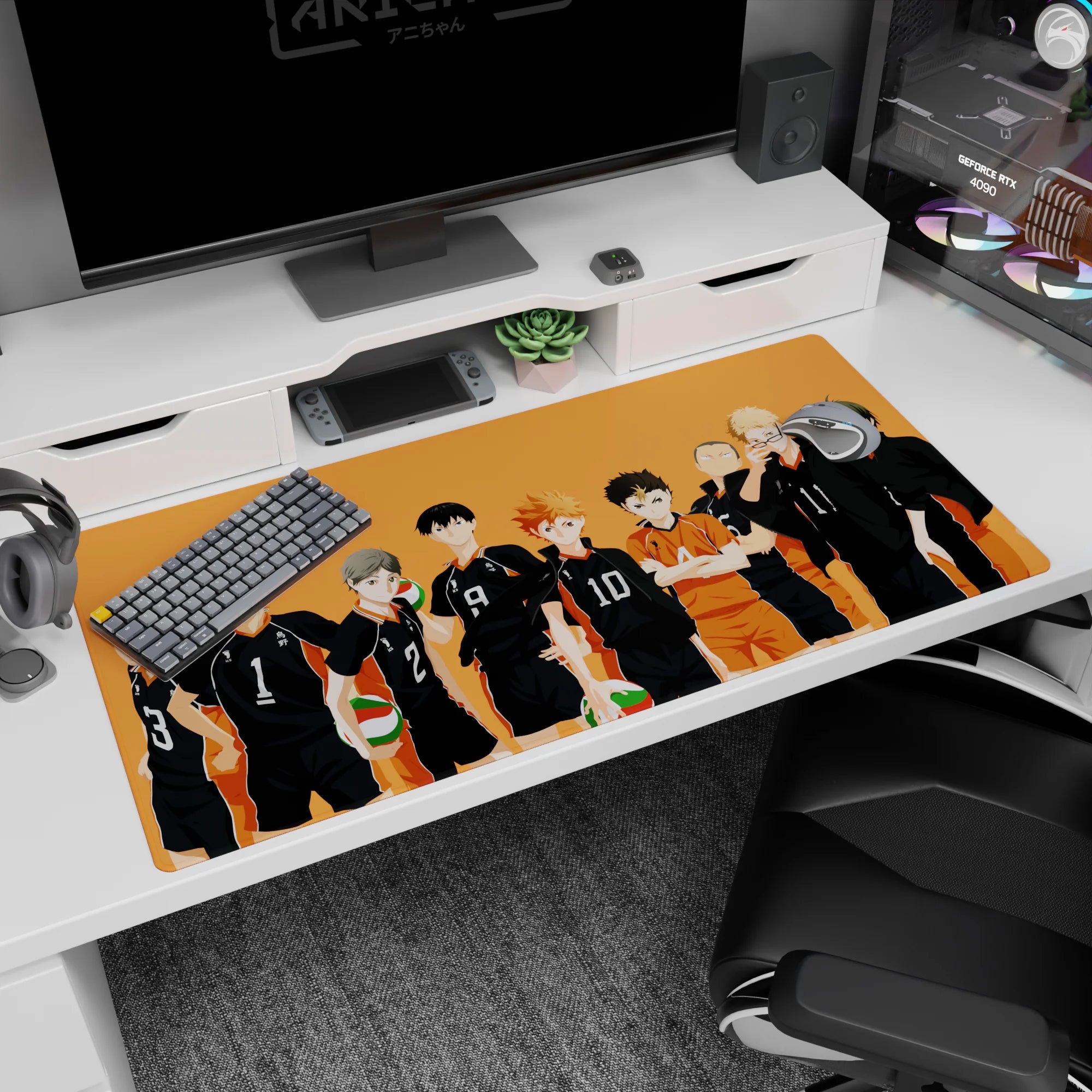 Karasuno lineup with crossed arms and spiky hair, green-red volleyball accents on desk pad 40x20 inches.