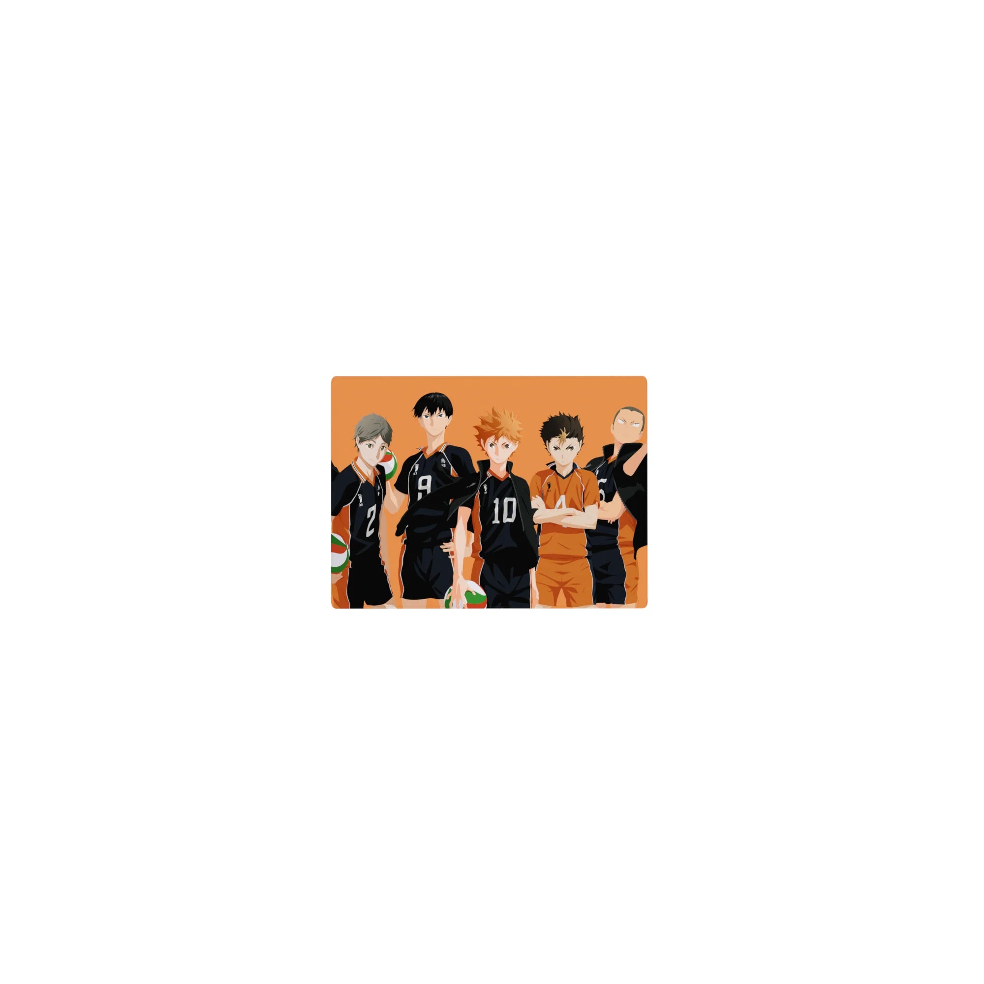 Karasuno volleyball squad silhouette anime mouse pad, 14x10 inches, minimalist lineup on orange backdrop.