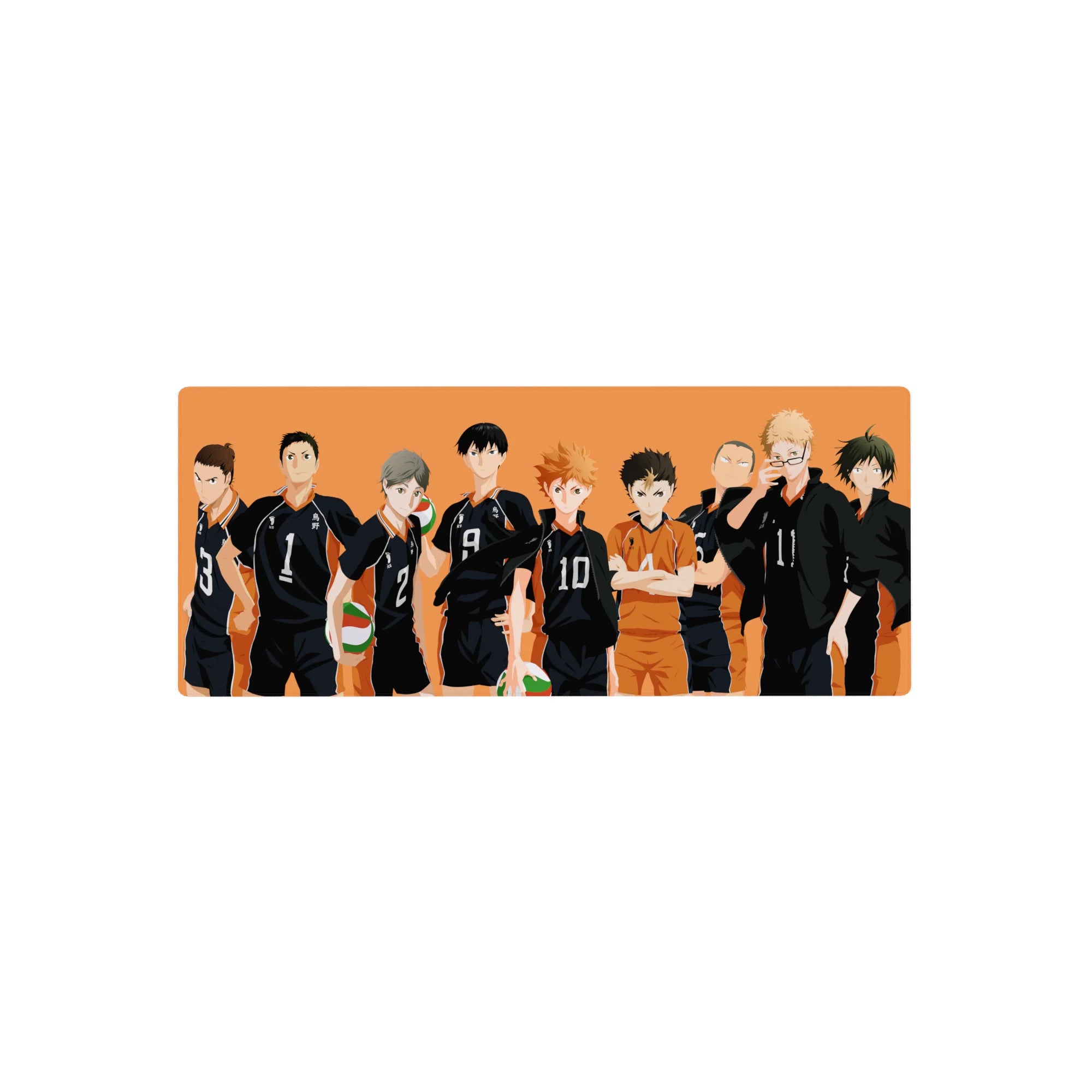 Karasuno volleyball squad silhouette anime mouse pad, bold lineup on orange backdrop, 28x12 inches.