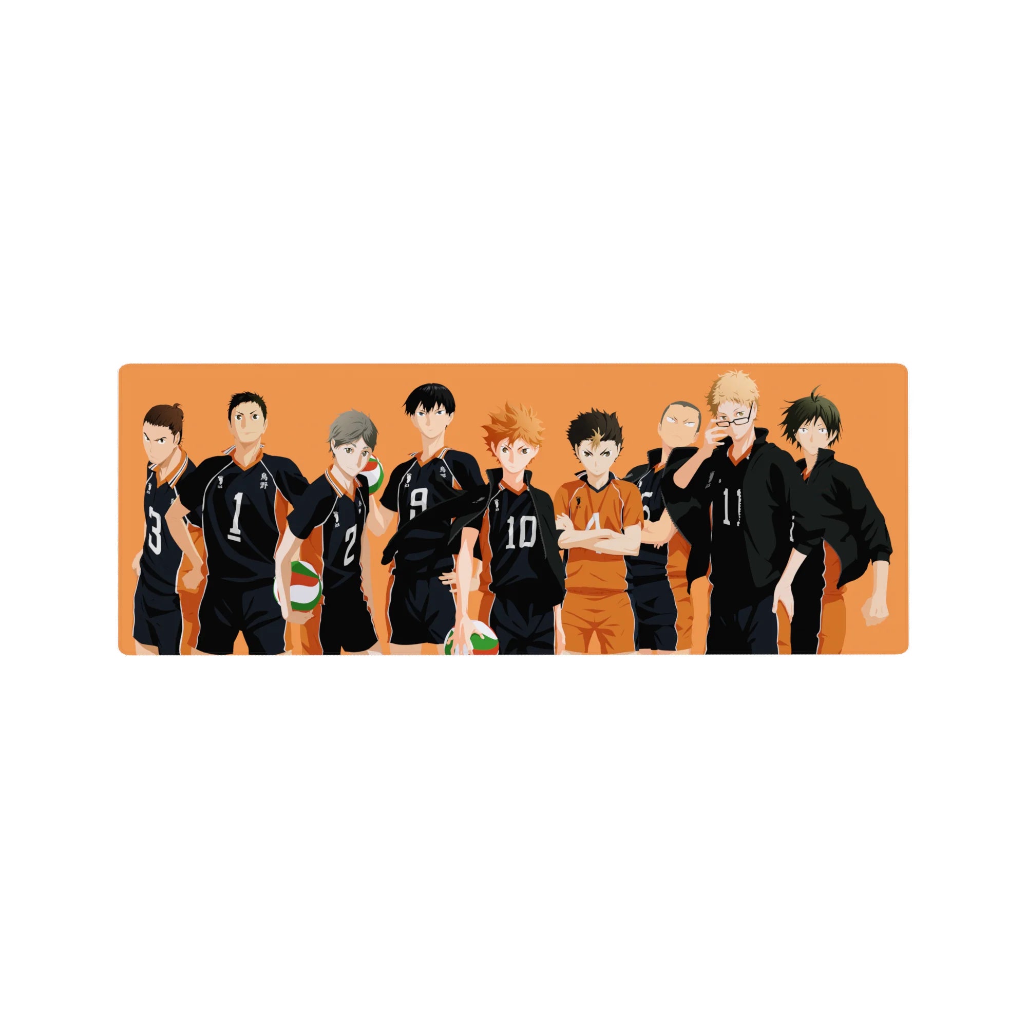 Karasuno volleyball squad silhouette anime mouse pad, 32x12 inches, orange backdrop with numbered jerseys.
