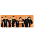 Karasuno volleyball squad silhouette anime mouse pad, 32x12 inches, orange backdrop with numbered jerseys.