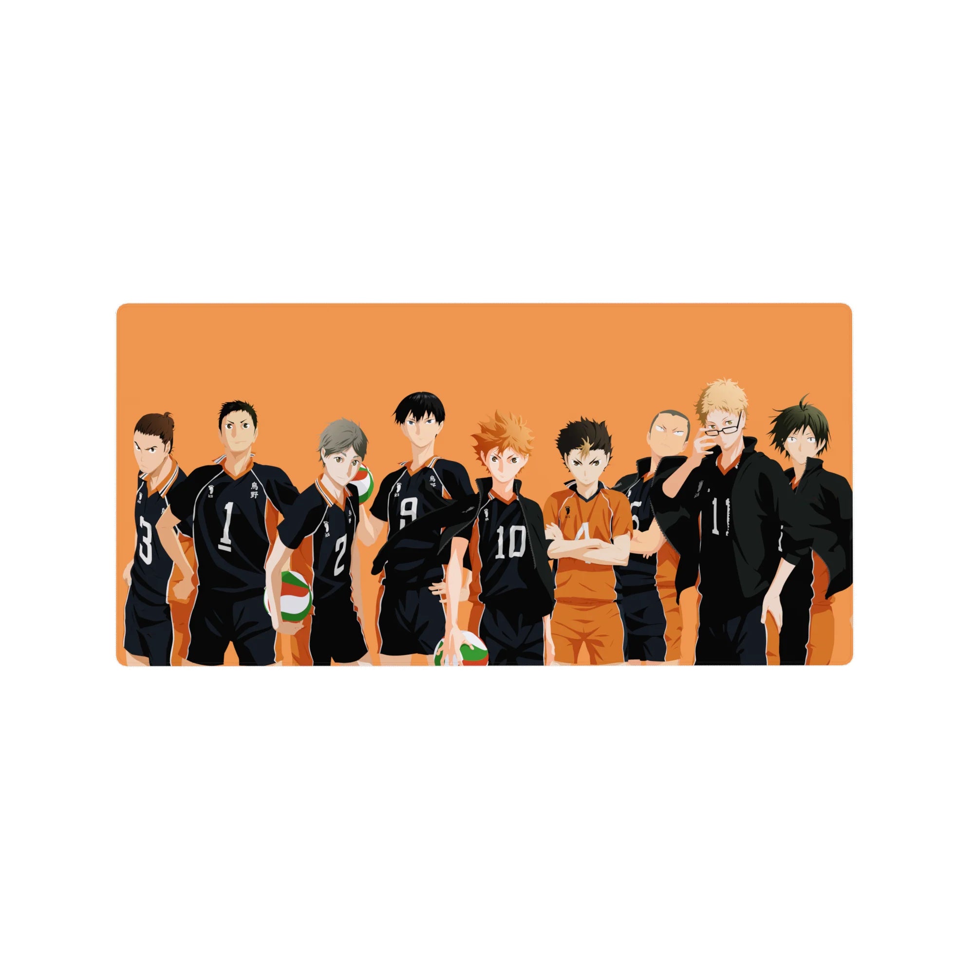 Karasuno volleyball squad silhouette anime mouse pad, minimalist lineup on orange, 32x16 inches.