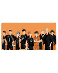 Karasuno volleyball squad silhouette anime mouse pad, minimalist lineup on orange, 32x16 inches.