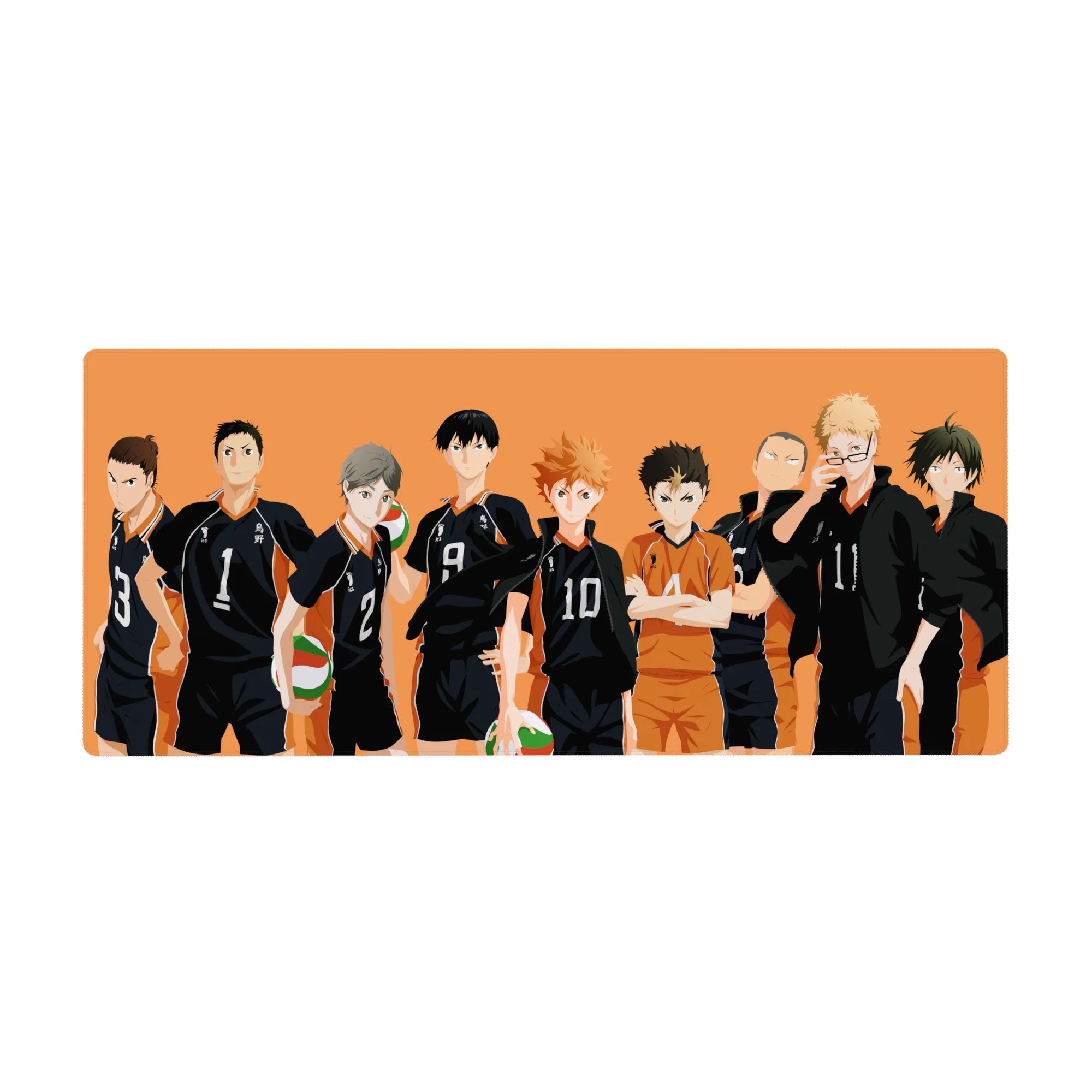 Karasuno volleyball squad silhouettes anime desk pad 36x16 inches with black jerseys and orange libero.