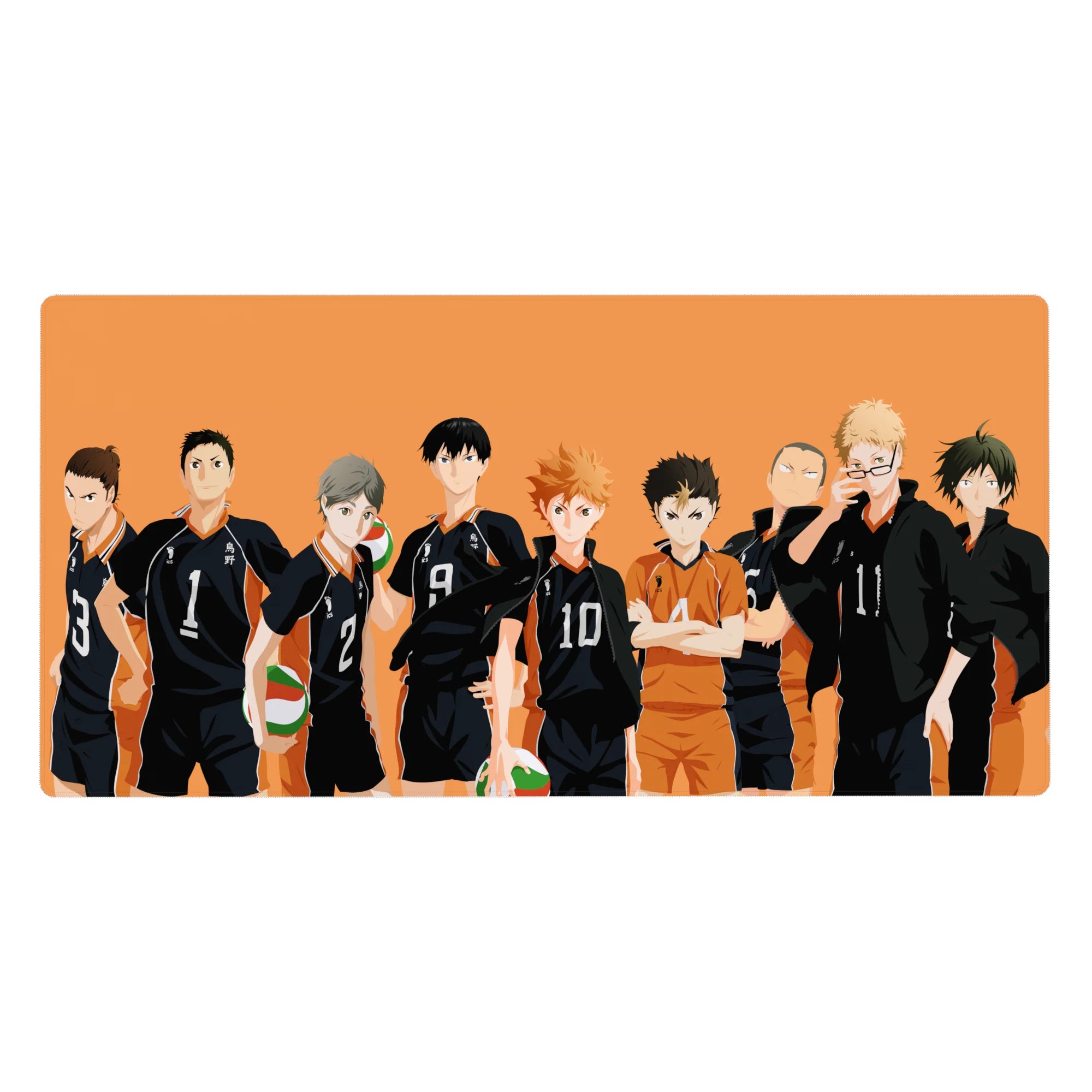 Karasuno volleyball squad silhouettes anime desk pad, orange backdrop and bold jersey numbers, 40x20 inches.