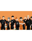 Karasuno volleyball squad silhouettes anime desk pad, orange backdrop and bold jersey numbers, 40x20 inches.