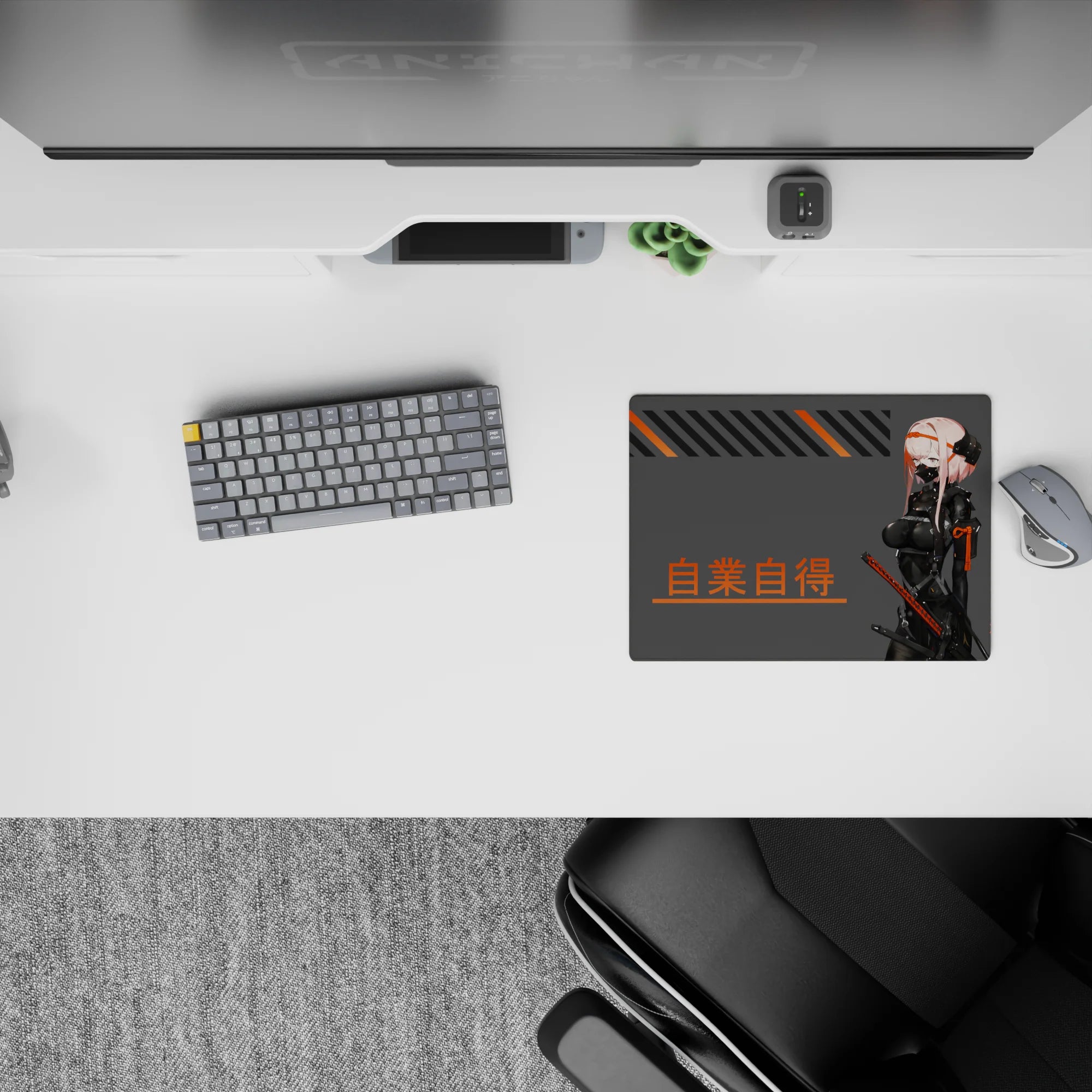 Pink-and-gray anime girl mouse pad 14x10 inches with orange kanji, black stripes, and neon cyberpunk mood.