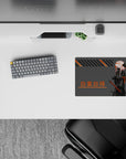 Pink-and-gray anime girl mouse pad 14x10 inches with orange kanji, black stripes, and neon cyberpunk mood.
