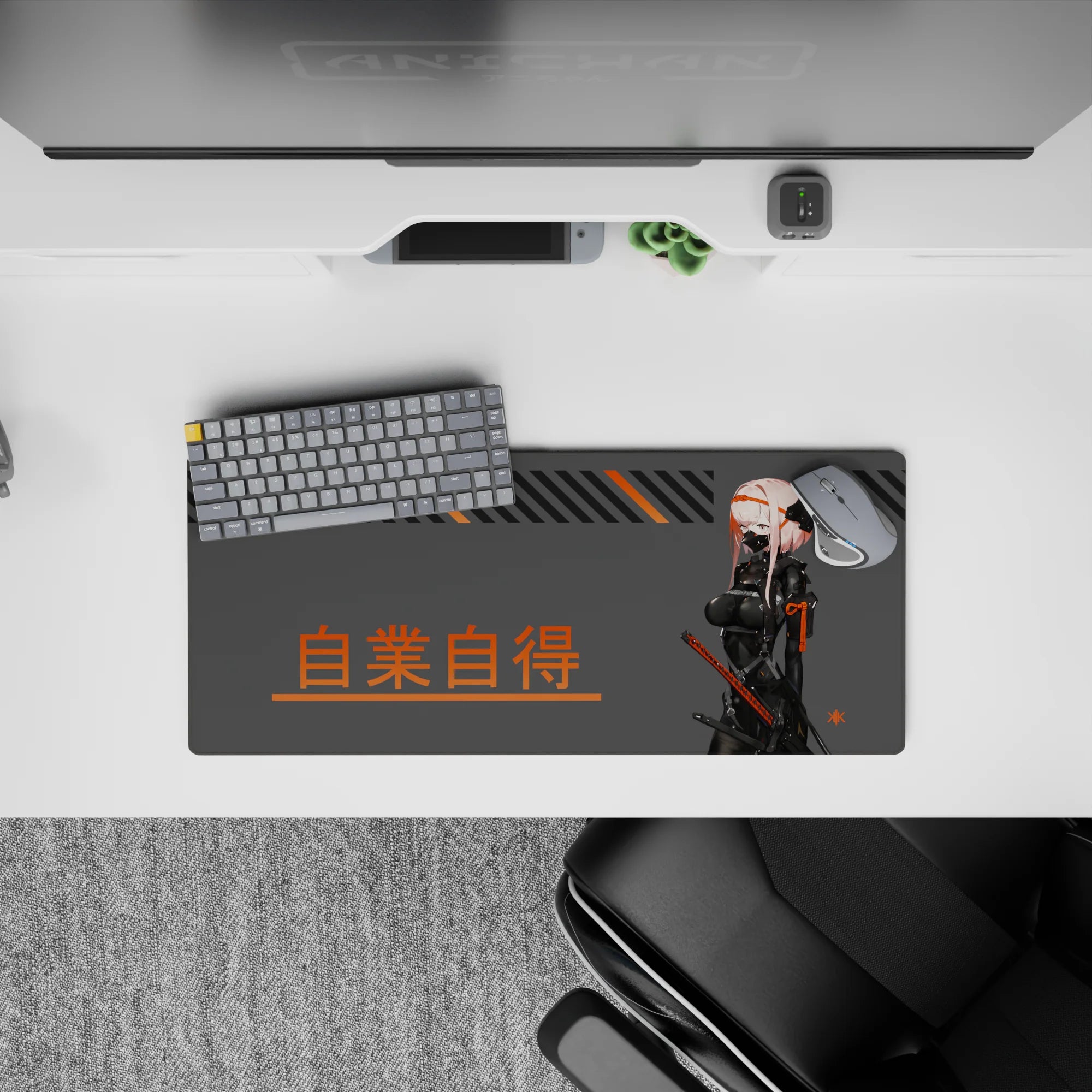 Pink-haired cyberpunk vibe mouse pad 28x12 inches in gray, black, and orange with bold poster-style kanji.