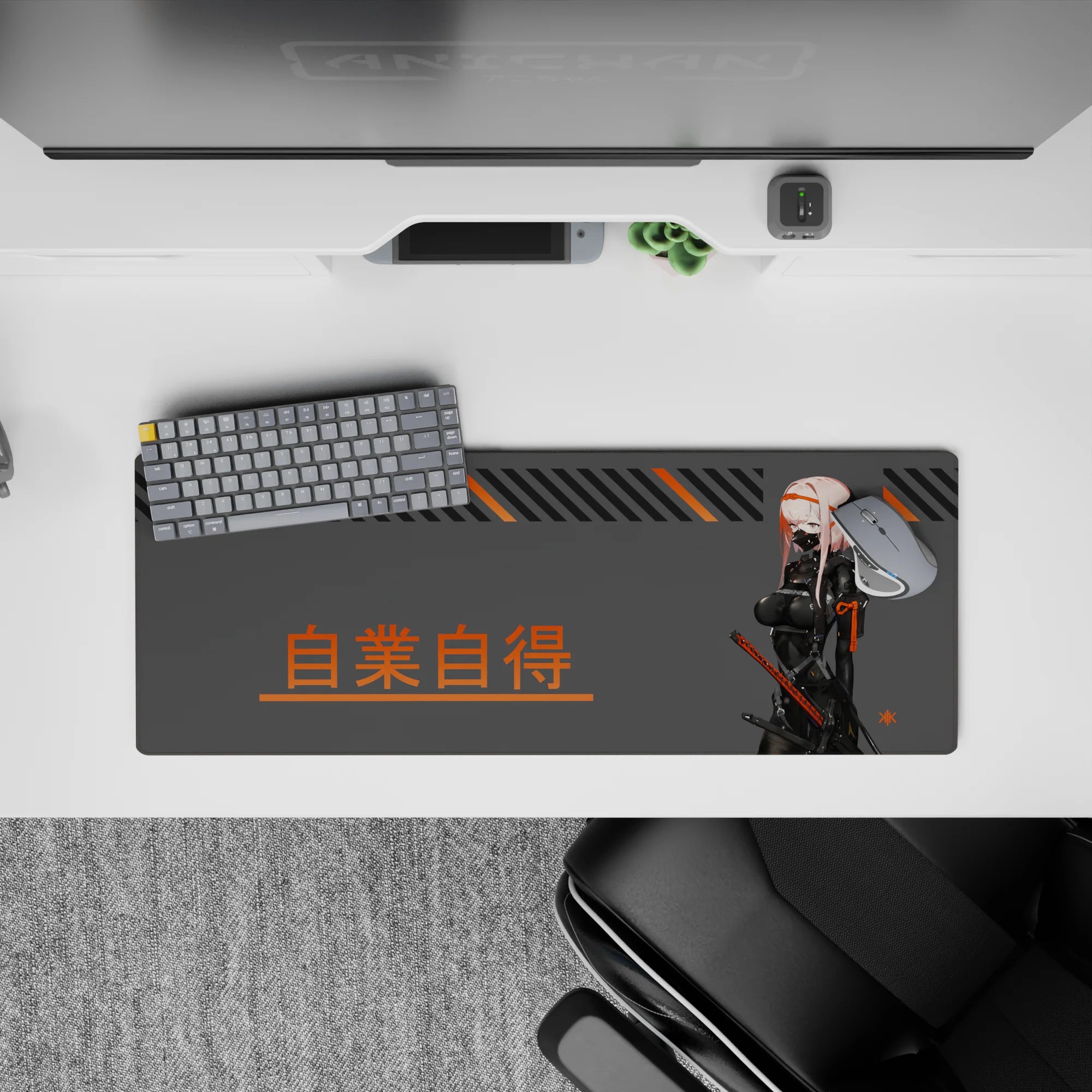 Pink, gray, black and orange anime desk mat 32x12 inches with neon cyberpunk poster vibe.