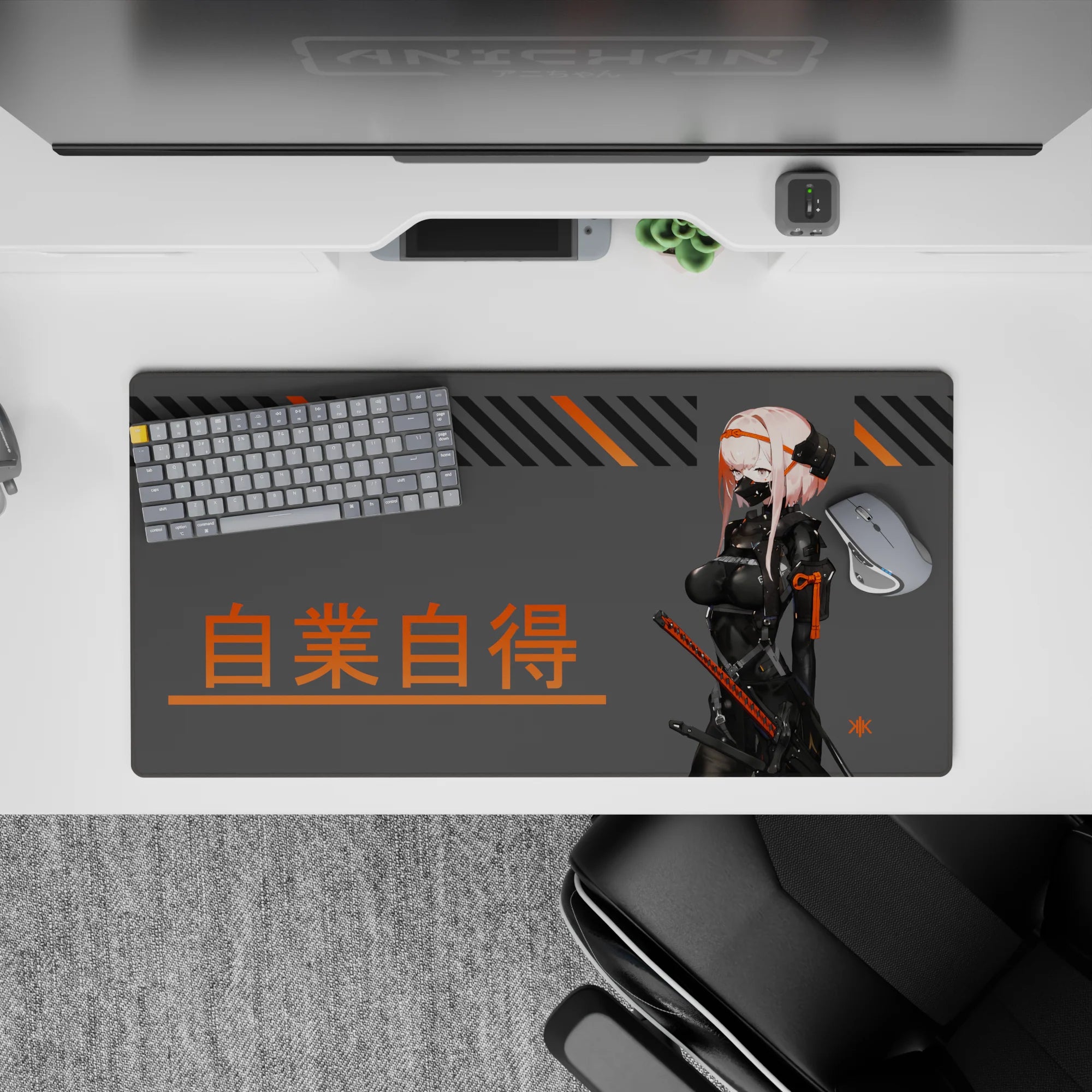 Cyberpunk anime girl mouse pad 32x16 inches in gray, black, and orange with bold kanji poster vibe.