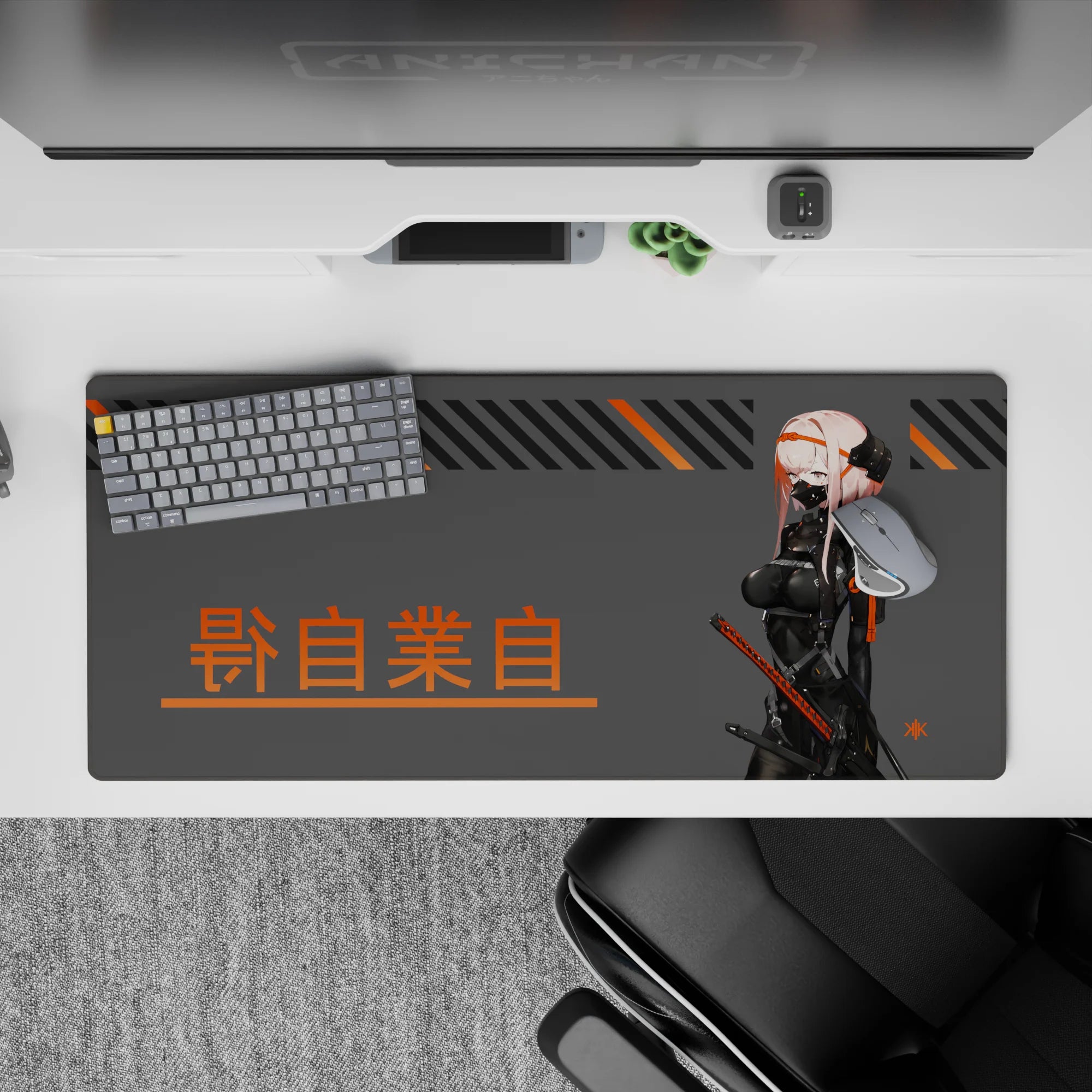 Pink, gray, and orange anime desk pad 36x16 inches with sleek cyberpunk mood, bold kanji accents.