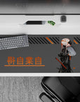 Pink, gray, and orange anime desk pad 36x16 inches with sleek cyberpunk mood, bold kanji accents.
