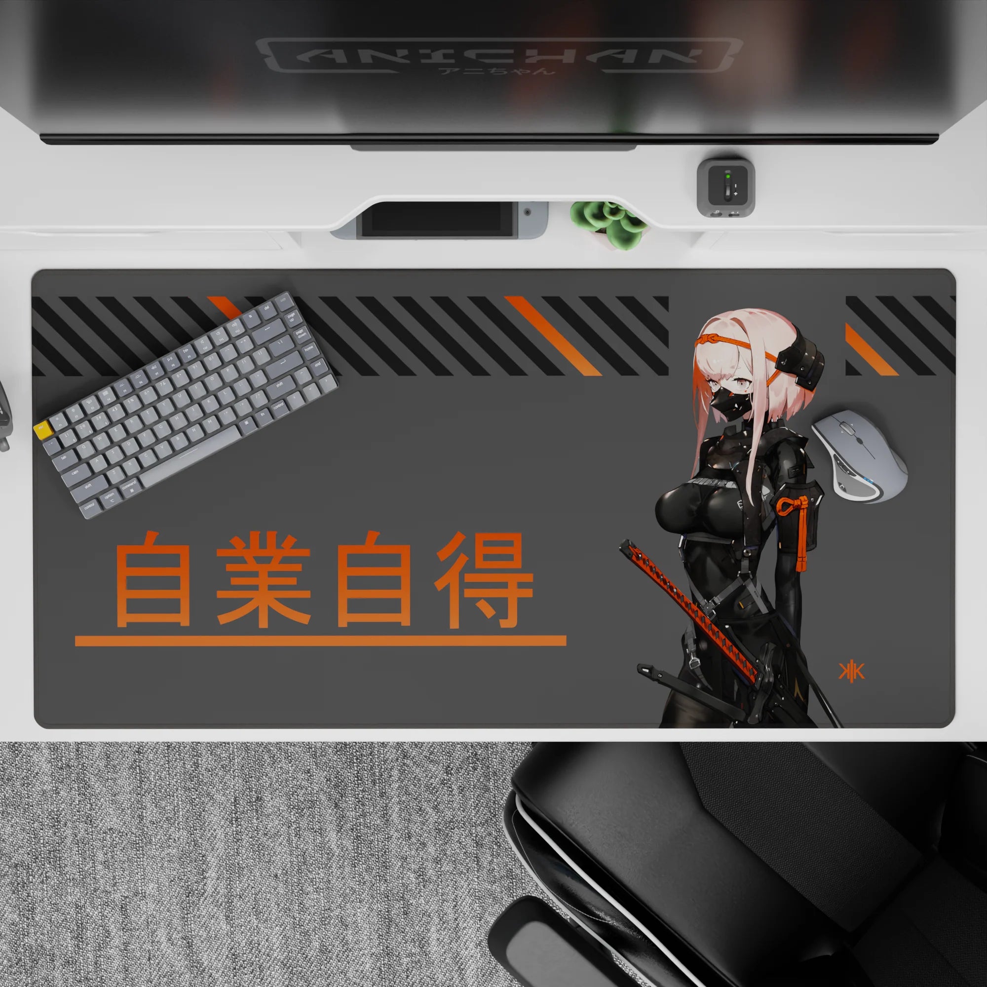 Pink and gray cyberpunk anime desk pad 40x20 inches, masked heroine, bold orange kanji, neon vibe.