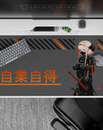 Pink and gray cyberpunk anime desk pad 40x20 inches, masked heroine, bold orange kanji, neon vibe.