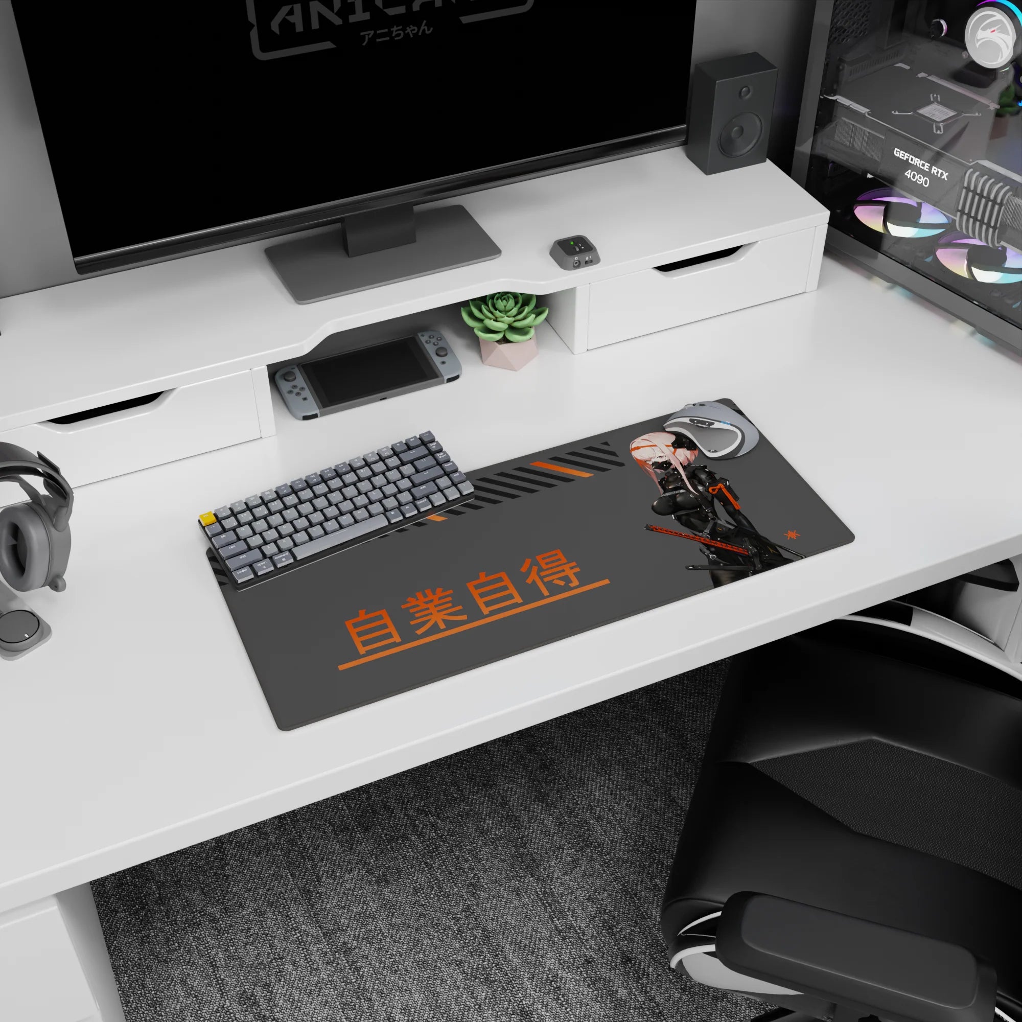 Masked anime girl in glossy black suit holding a katana on a 28x12 inches desk mouse pad.