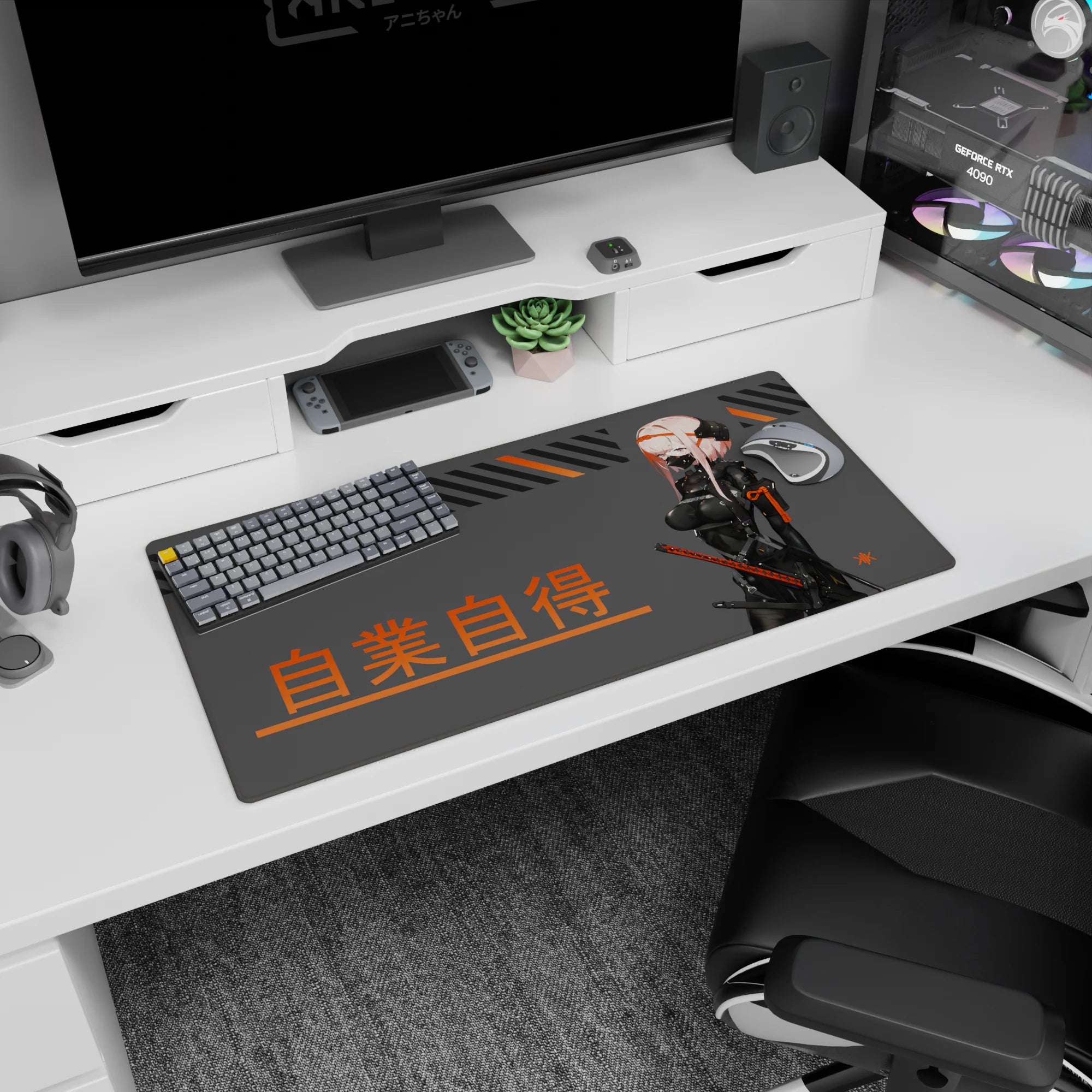 Pink-haired masked swordswoman in glossy black suit on anime mouse pad 32x16 inches, katana ready.