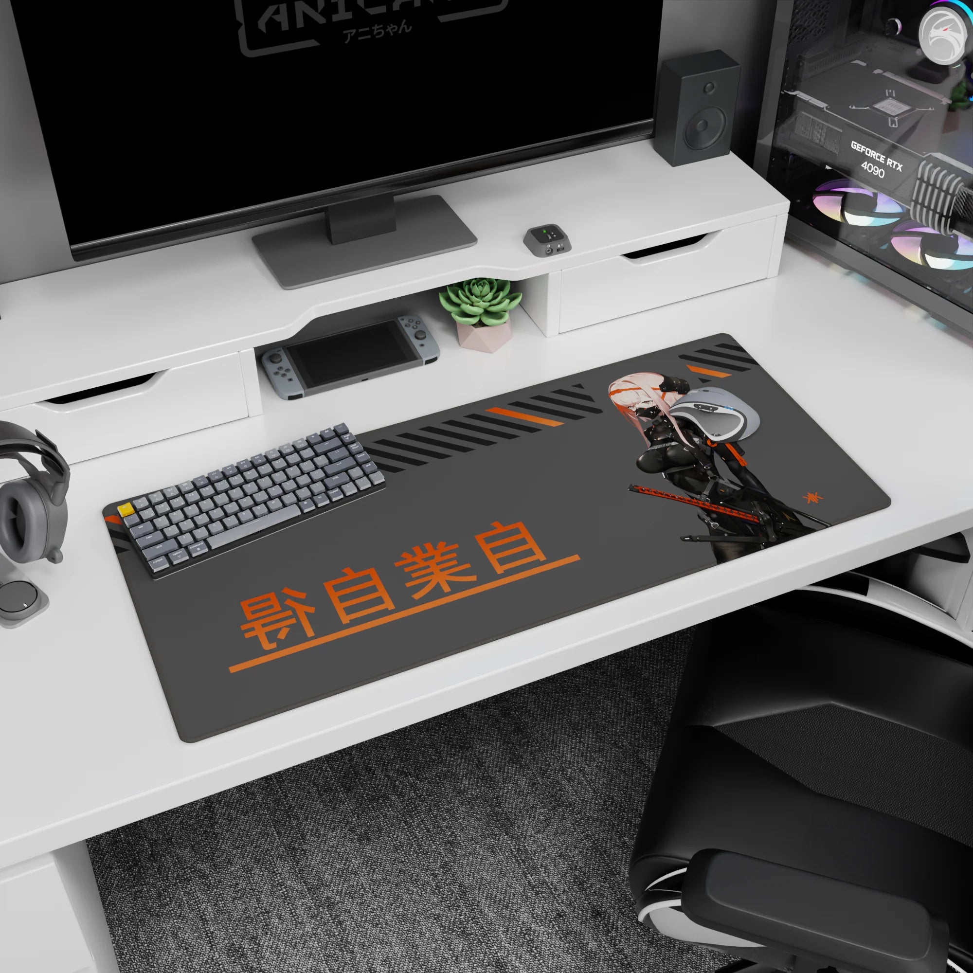 Masked pink-haired swordswoman in glossy black suit on anime desk pad 36x16 inches, diagonal stripes.