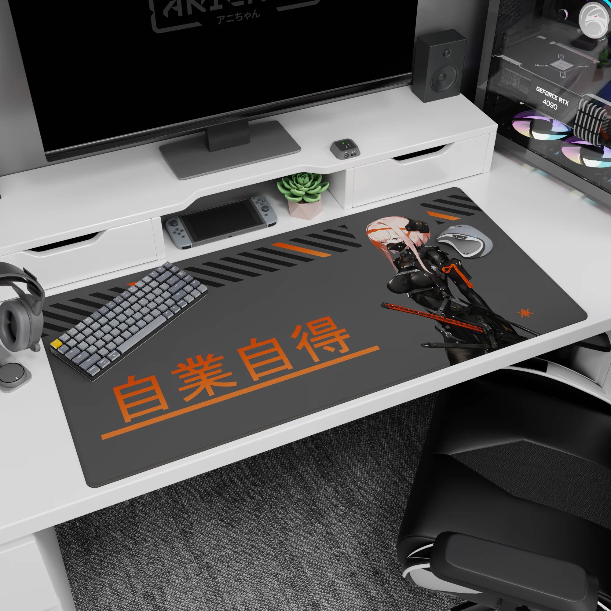 Masked pink-haired anime swordswoman in glossy black suit on desk pad 40x20 inches, katana and poster art.