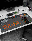 Masked pink-haired anime swordswoman in glossy black suit on desk pad 40x20 inches, katana and poster art.