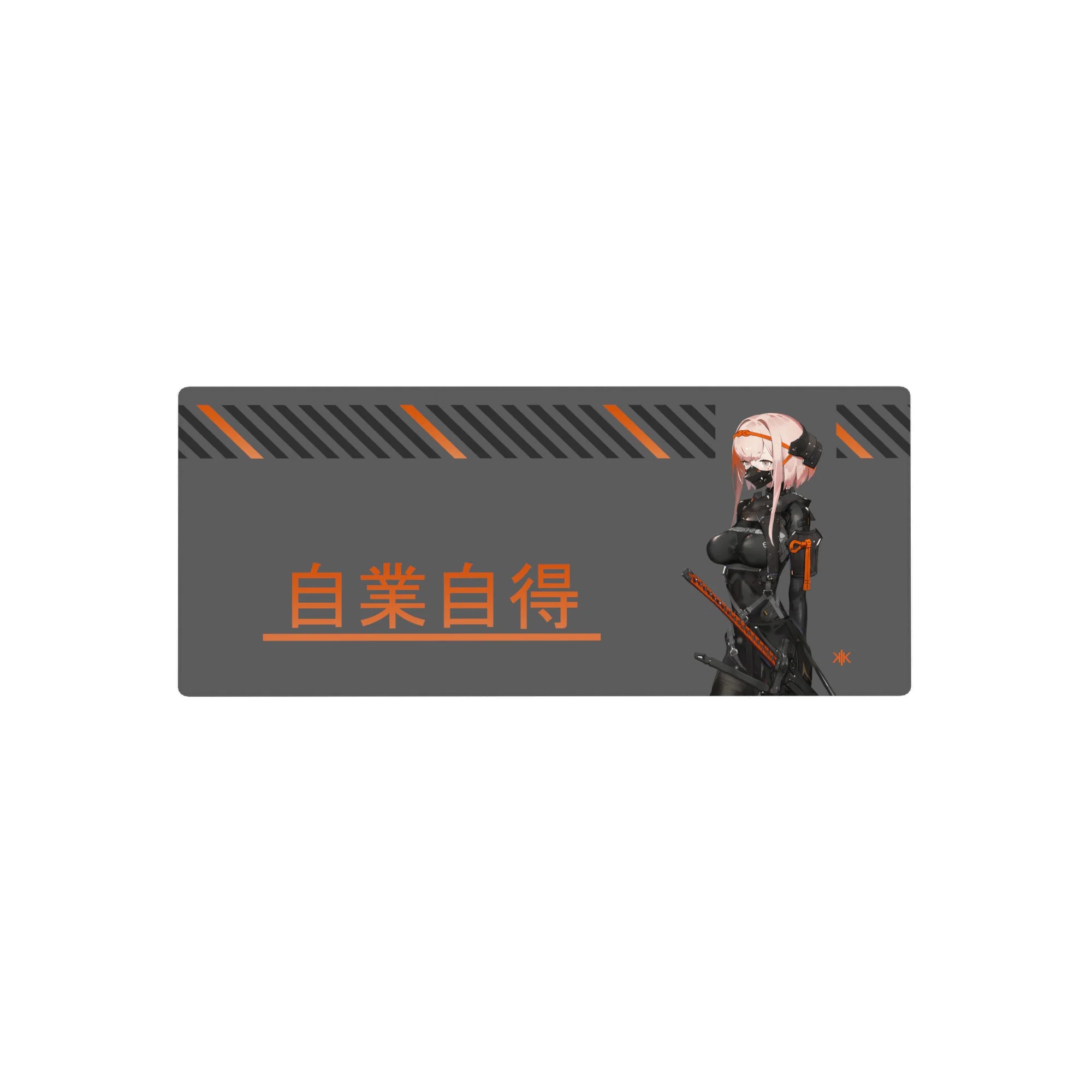 Cyberpunk anime girl mouse pad 28x12 inches with masked katana fighter, kanji text, and stripe accents.