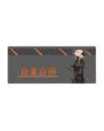 Cyberpunk anime girl mouse pad 28x12 inches with masked katana fighter, kanji text, and stripe accents.