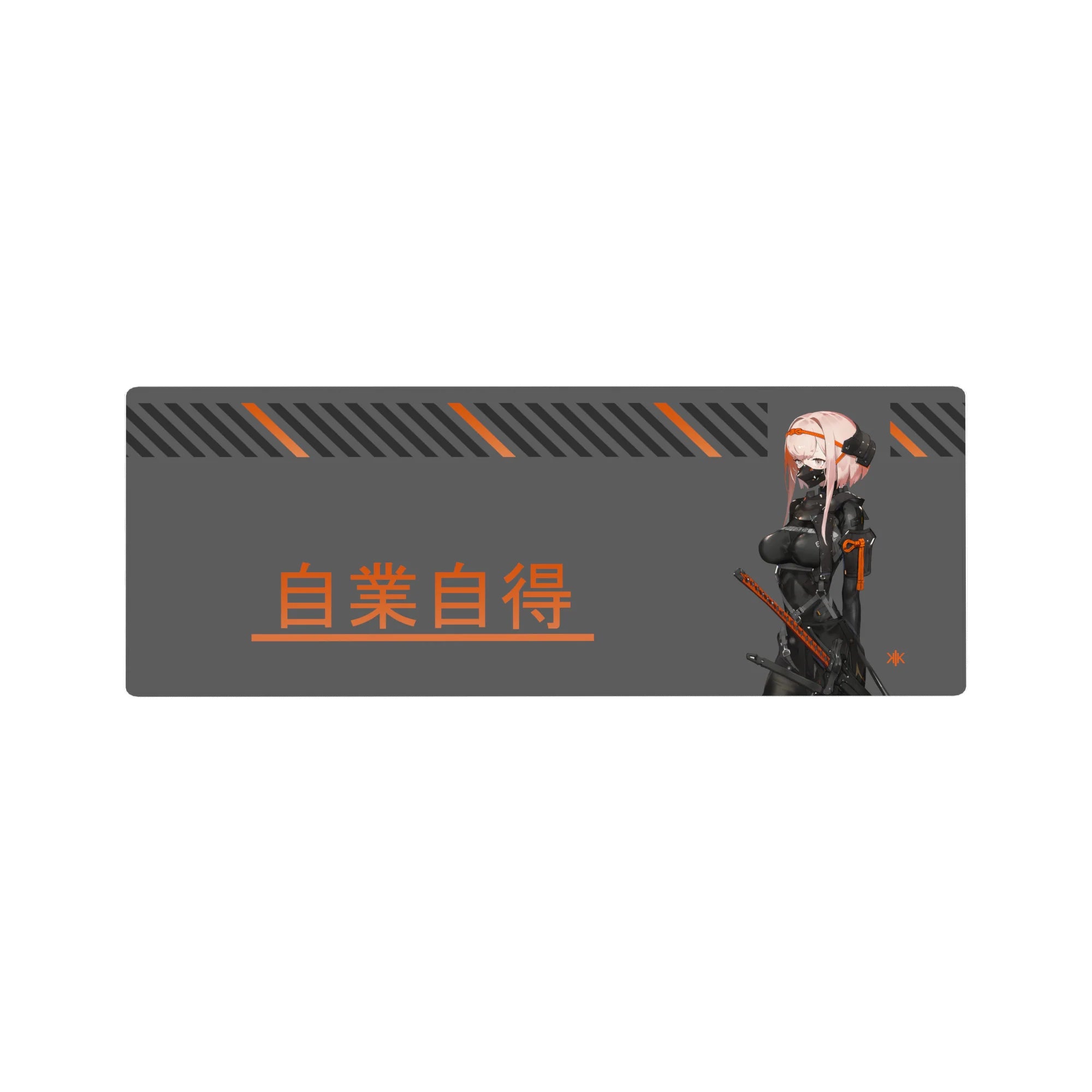 Cyberpunk anime girl mouse pad 32x12 inches with katana, gray field, black stripes, orange kanji.