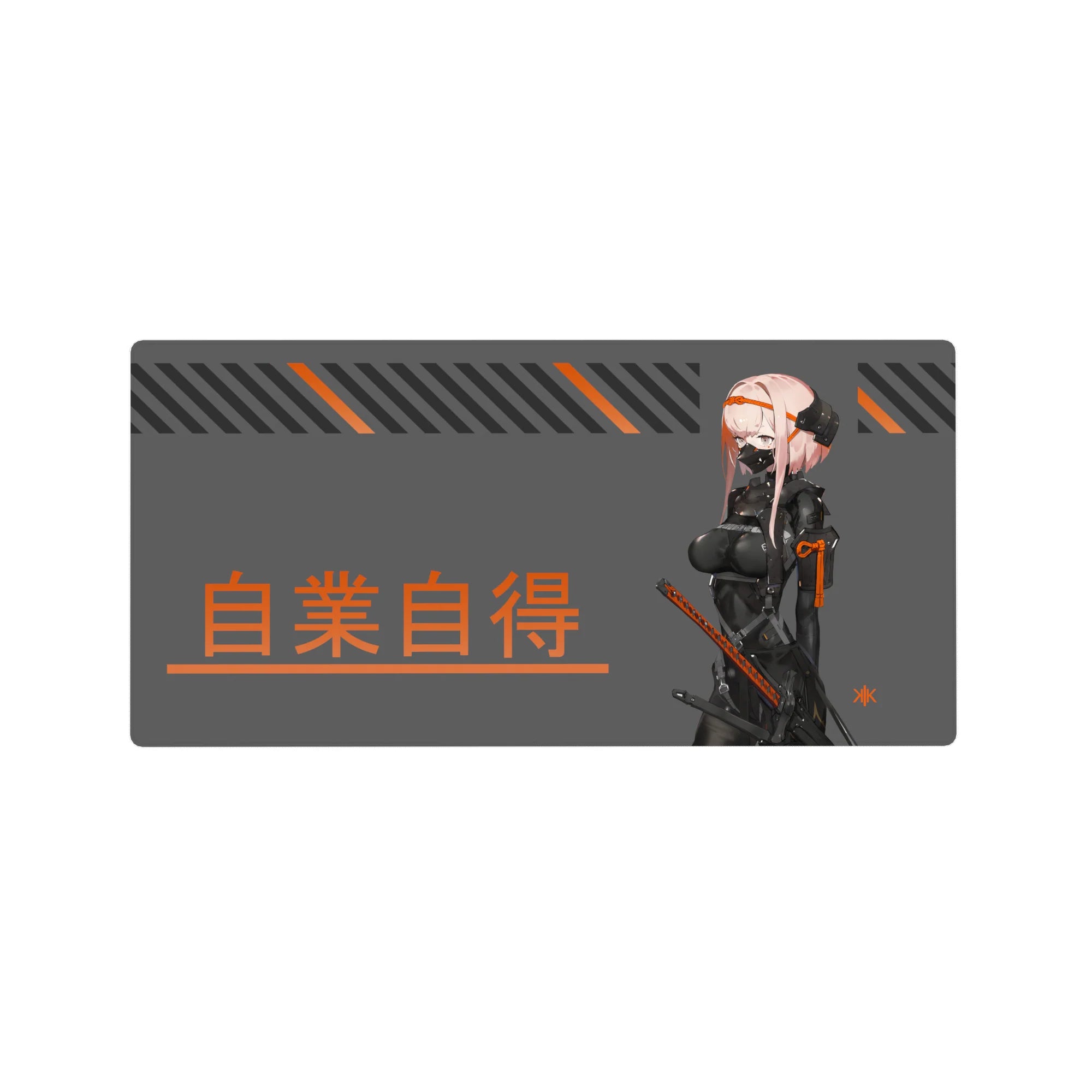 Anime girl mouse pad 32x16 inches with pink-haired masked katana fighter, gray field, kanji and stripes.