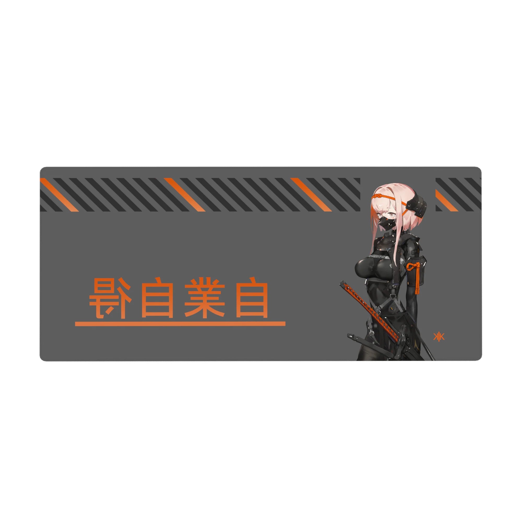 Cyberpunk anime girl desk pad 36x16 inches with masked pink-haired katana fighter, kanji and stripes.