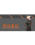 Cyberpunk anime girl desk pad 36x16 inches with masked pink-haired katana fighter, kanji and stripes.