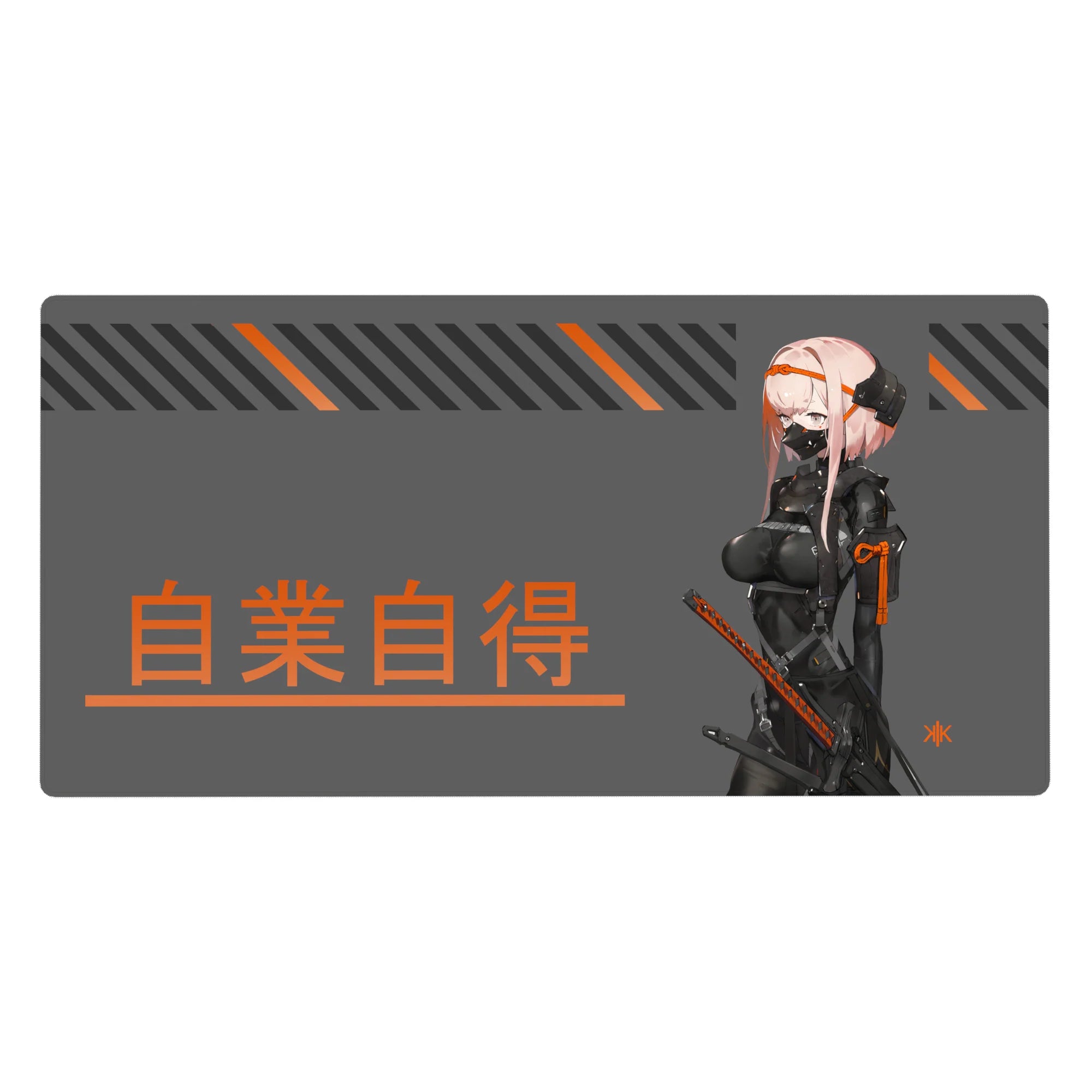 Cyberpunk anime girl desk pad 40x20 inches with pink-haired katana fighter, kanji, stripes, orange accents.