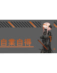 Cyberpunk anime girl desk pad 40x20 inches with pink-haired katana fighter, kanji, stripes, orange accents.