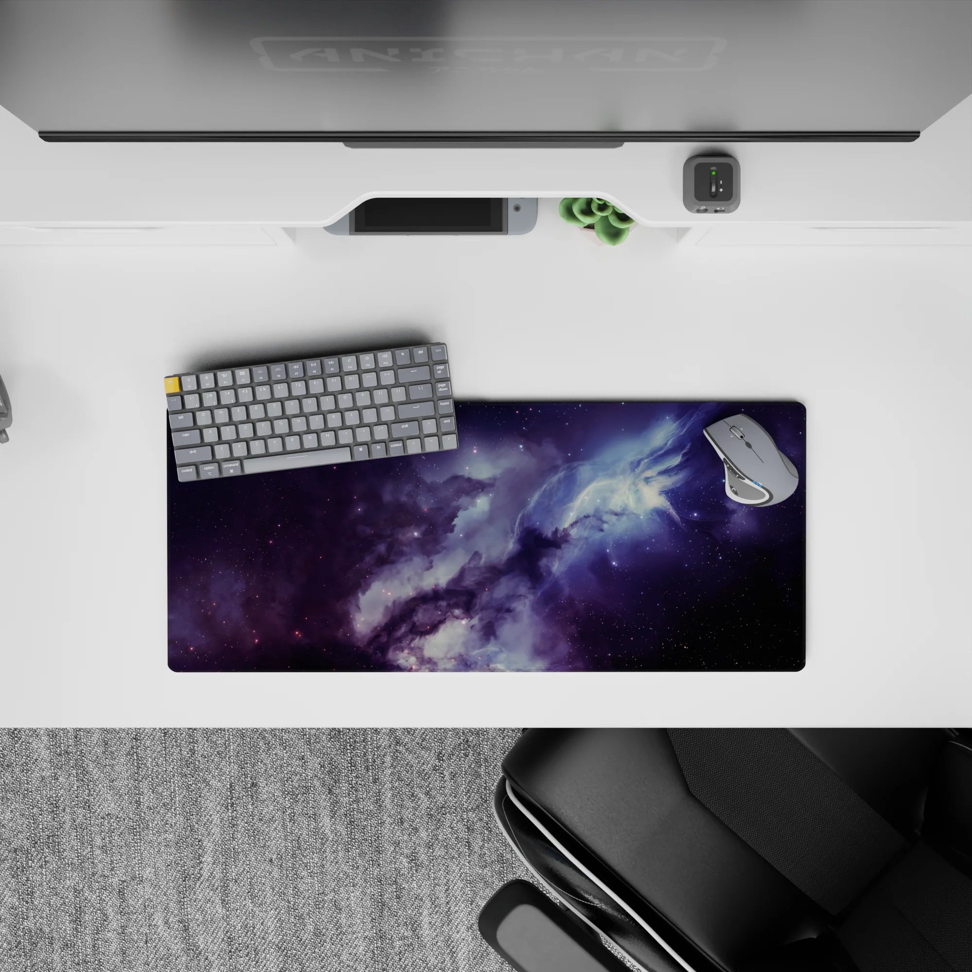 Smoky purples and midnight blues desk mouse pad, 28x12 inches, calming starry glow for late-night work.