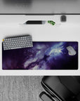 Midnight blue and smoky purple 32x12 inches mouse pad with calming cosmic haze for late-night work.