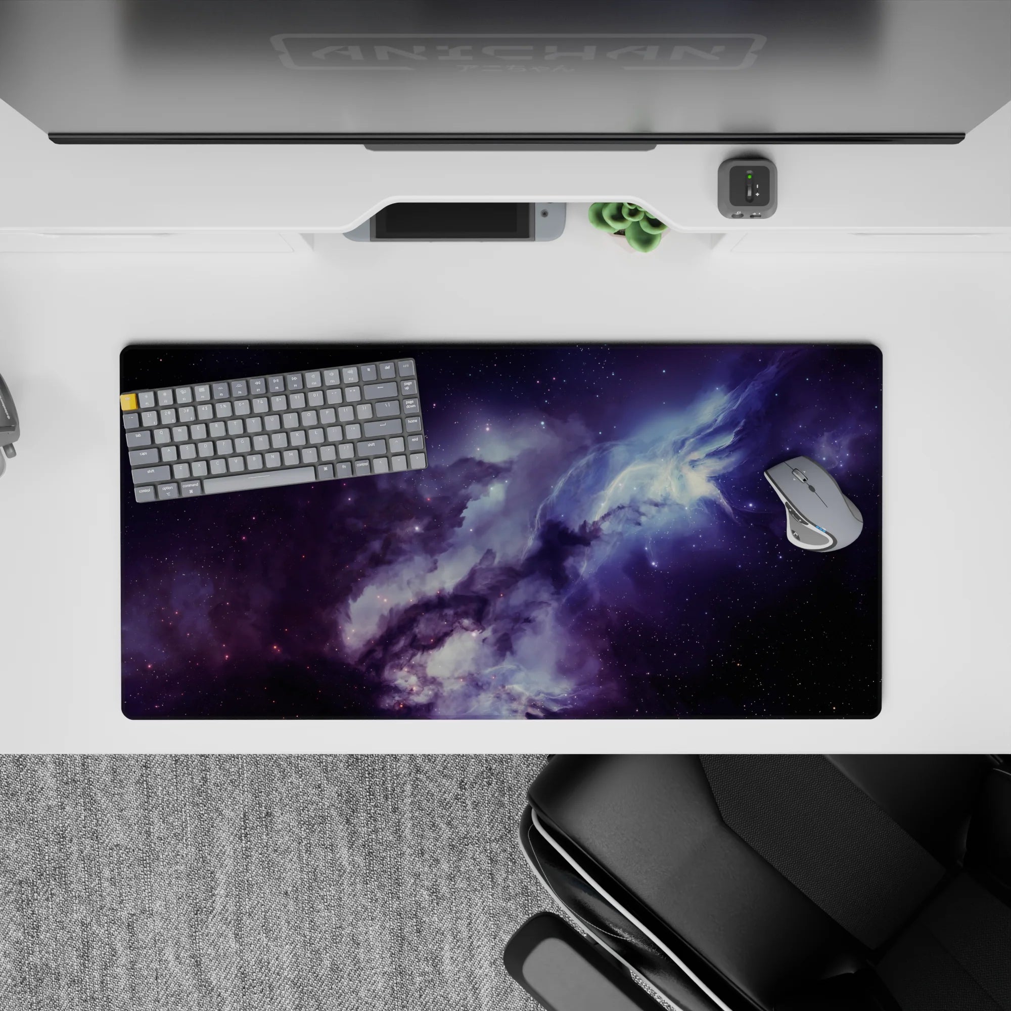 Calming 32x16 inches mouse pad in smoky purples and midnight blues, perfect for late-night work.