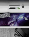 Smoky purples and midnight blues calming space-themed desk pad, 36x16 inches.