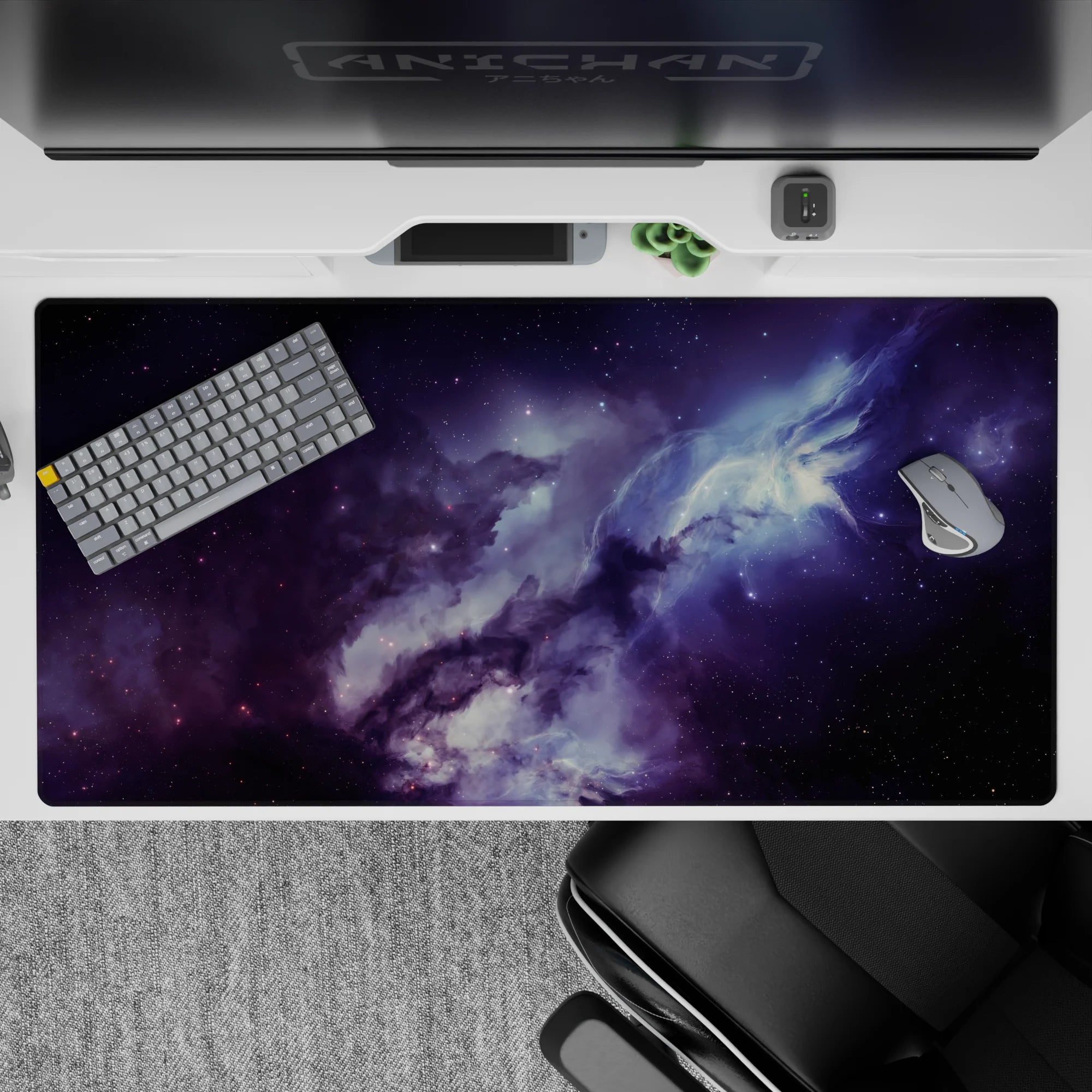 Smoky purples and midnight blues desk pad 40x20 inches with calming misty gradients and glow.