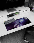 Nebula cloud scene mouse pad, 28x12 inches, featuring misty light blooms and tiny stars on a cosmic backdrop.